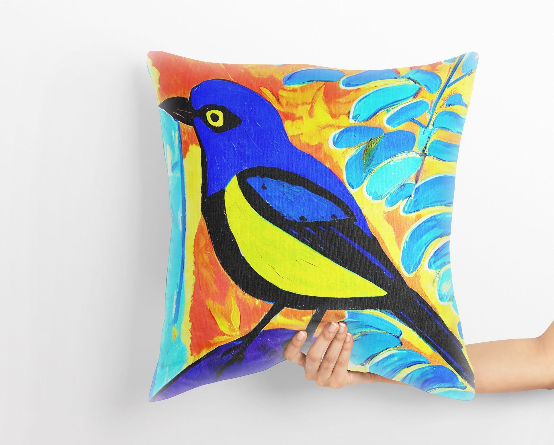 Yellow And Blue Bird Toss Pillow, Abstract Throw Pillow Cover, Artist Pillow, Colorful Pillow Square Pillow, Housewarming Gift, Sofa Pillows