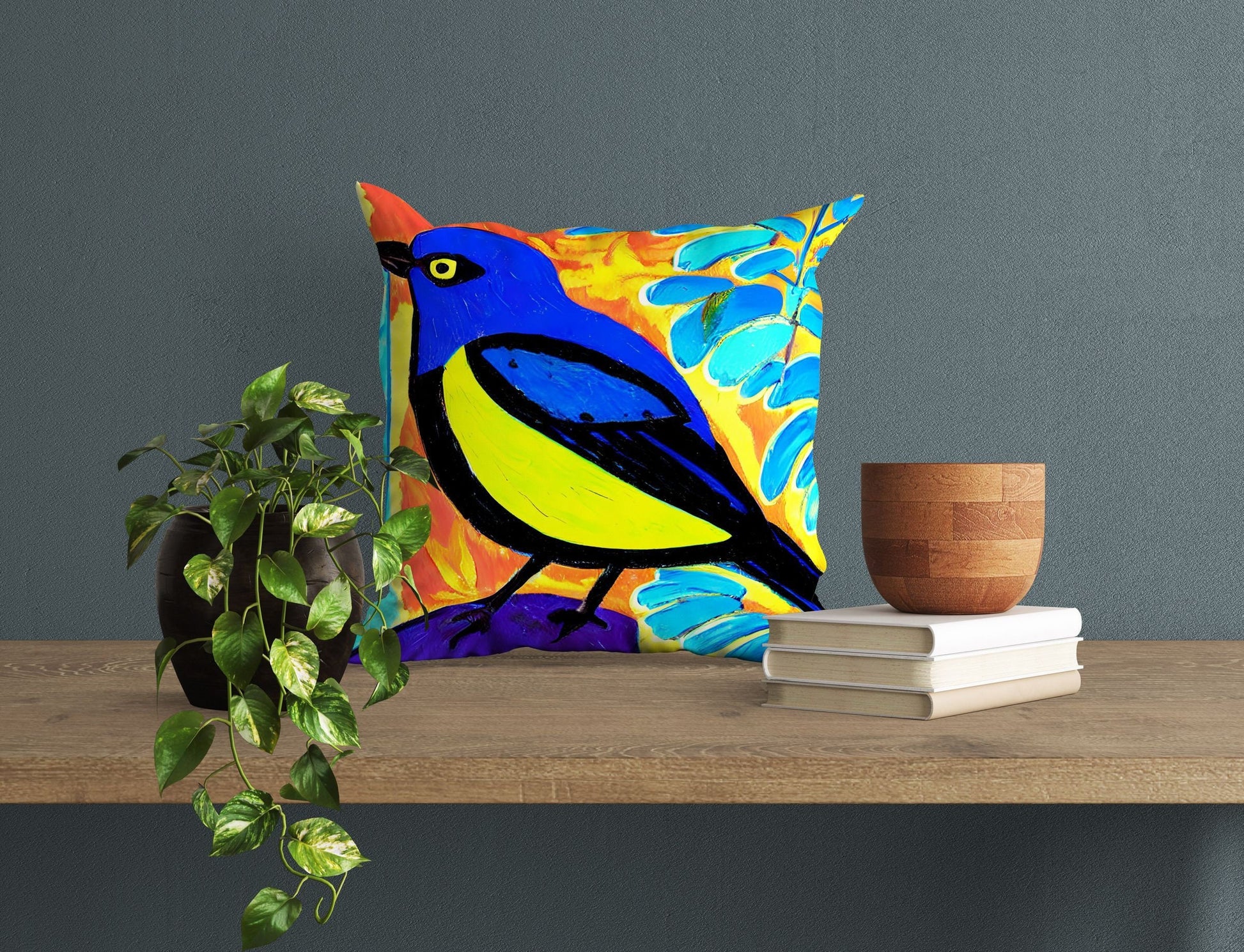 Yellow And Blue Bird Toss Pillow, Abstract Throw Pillow Cover, Artist Pillow, Colorful Pillow Square Pillow, Housewarming Gift, Sofa Pillows
