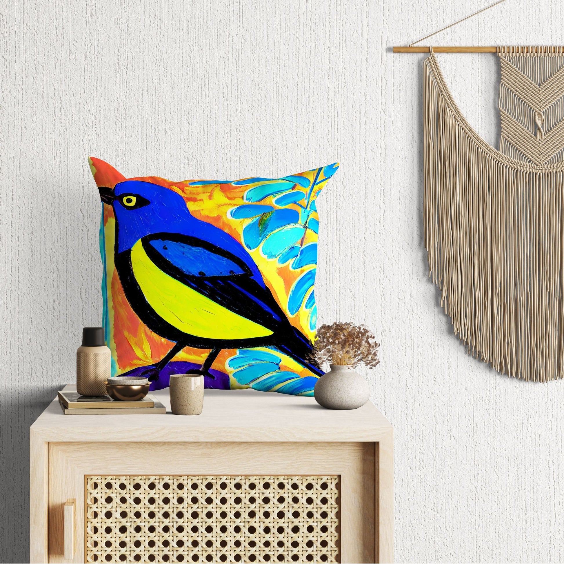 Yellow And Blue Bird Toss Pillow, Abstract Throw Pillow Cover, Artist Pillow, Colorful Pillow Square Pillow, Housewarming Gift, Sofa Pillows