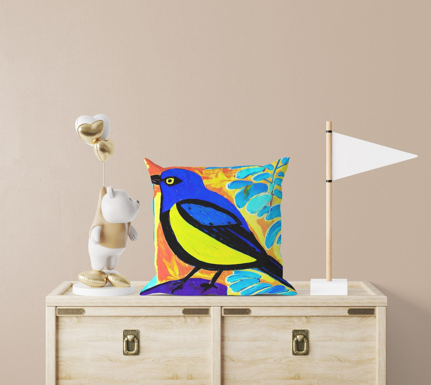 Yellow And Blue Bird Toss Pillow, Abstract Throw Pillow Cover, Artist Pillow, Colorful Pillow Square Pillow, Housewarming Gift, Sofa Pillows