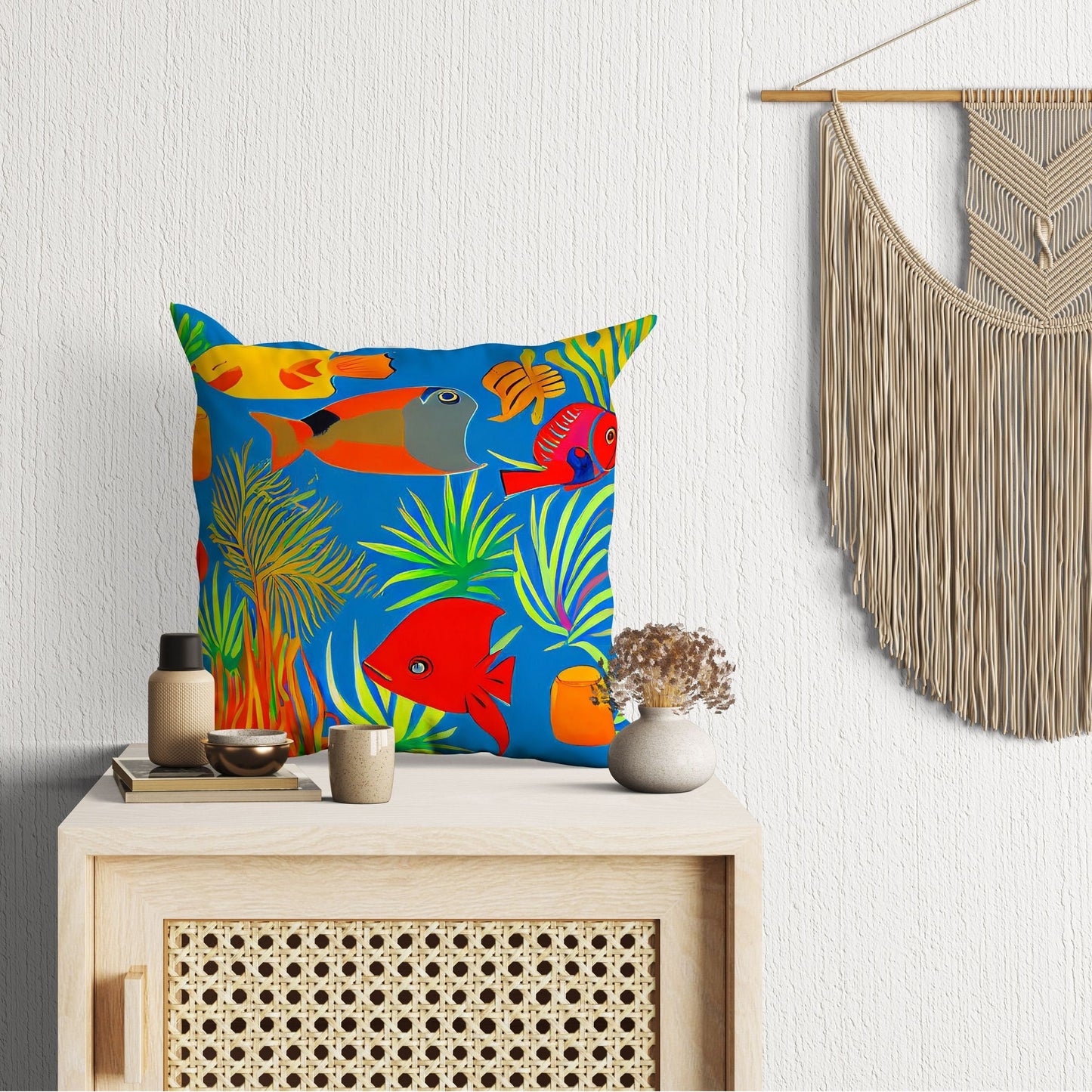 Tropical Fishes Pillow Case, Abstract Throw Pillow, Artist Pillow, Colorful Pillow Case, Modern Pillow, 20X20 Pillow Cover, Home Decor