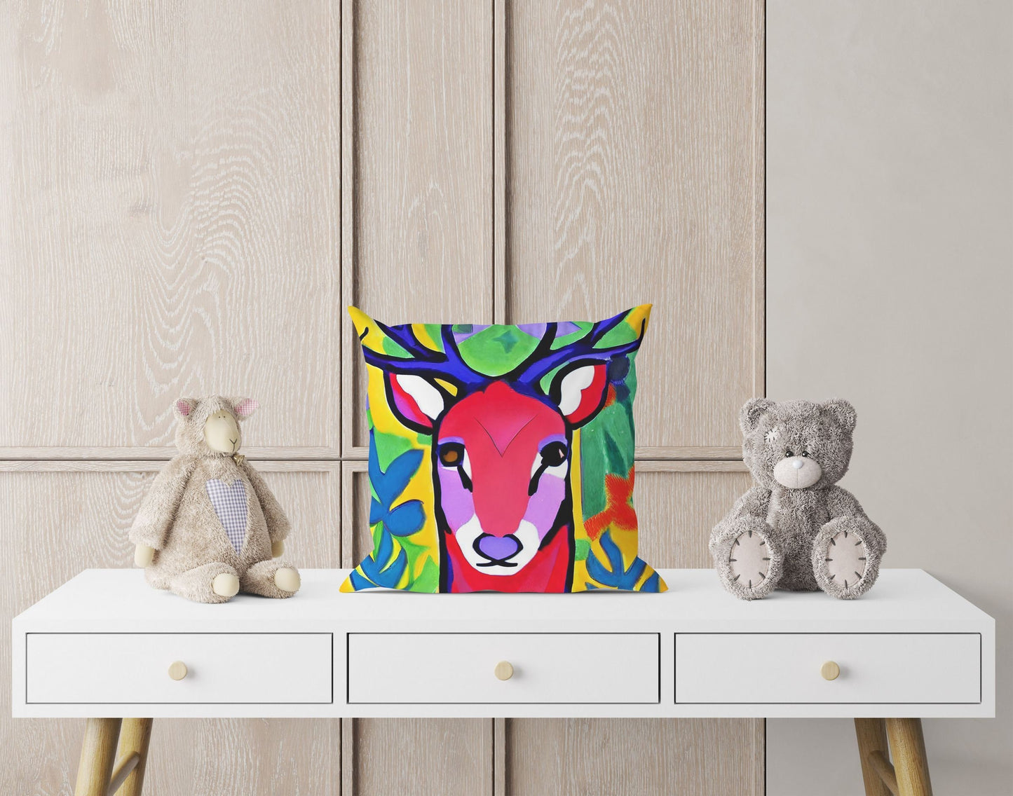 Original Art Wildlife Deer Toss Pillow, Bee Pillow Cover, Soft Pillow Cases, Colorful Pillow Case, Housewarming Gift, Sofa Pillows