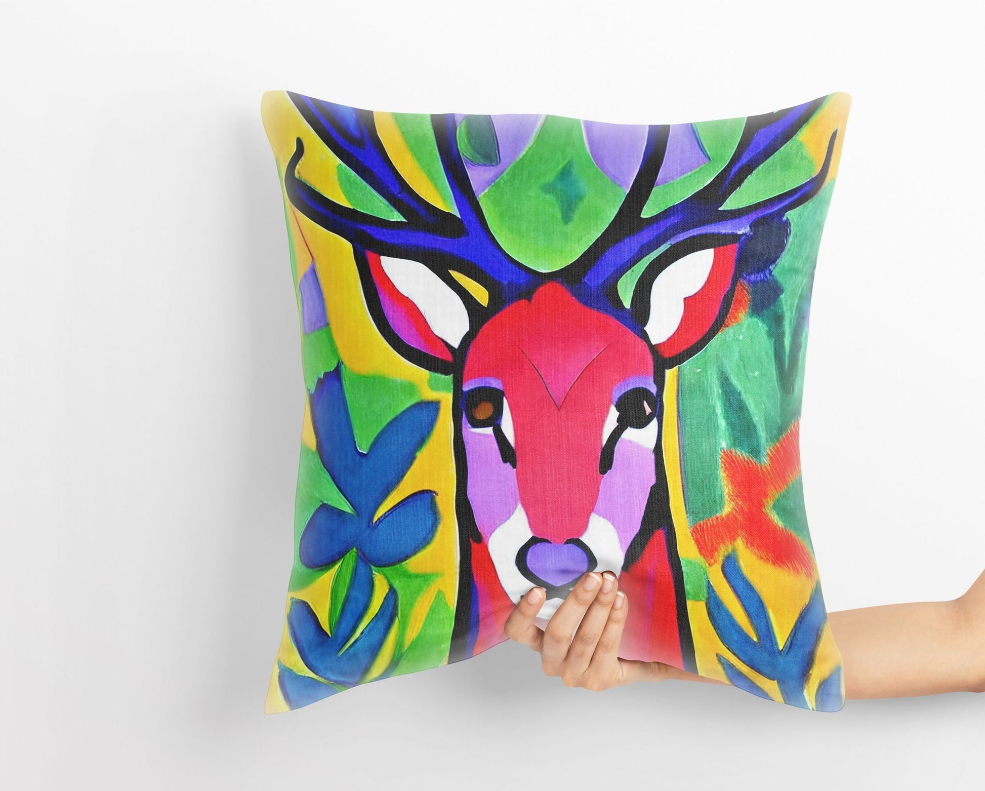 Original Art Wildlife Deer Toss Pillow, Bee Pillow Cover, Soft Pillow Cases, Colorful Pillow Case, Housewarming Gift, Sofa Pillows