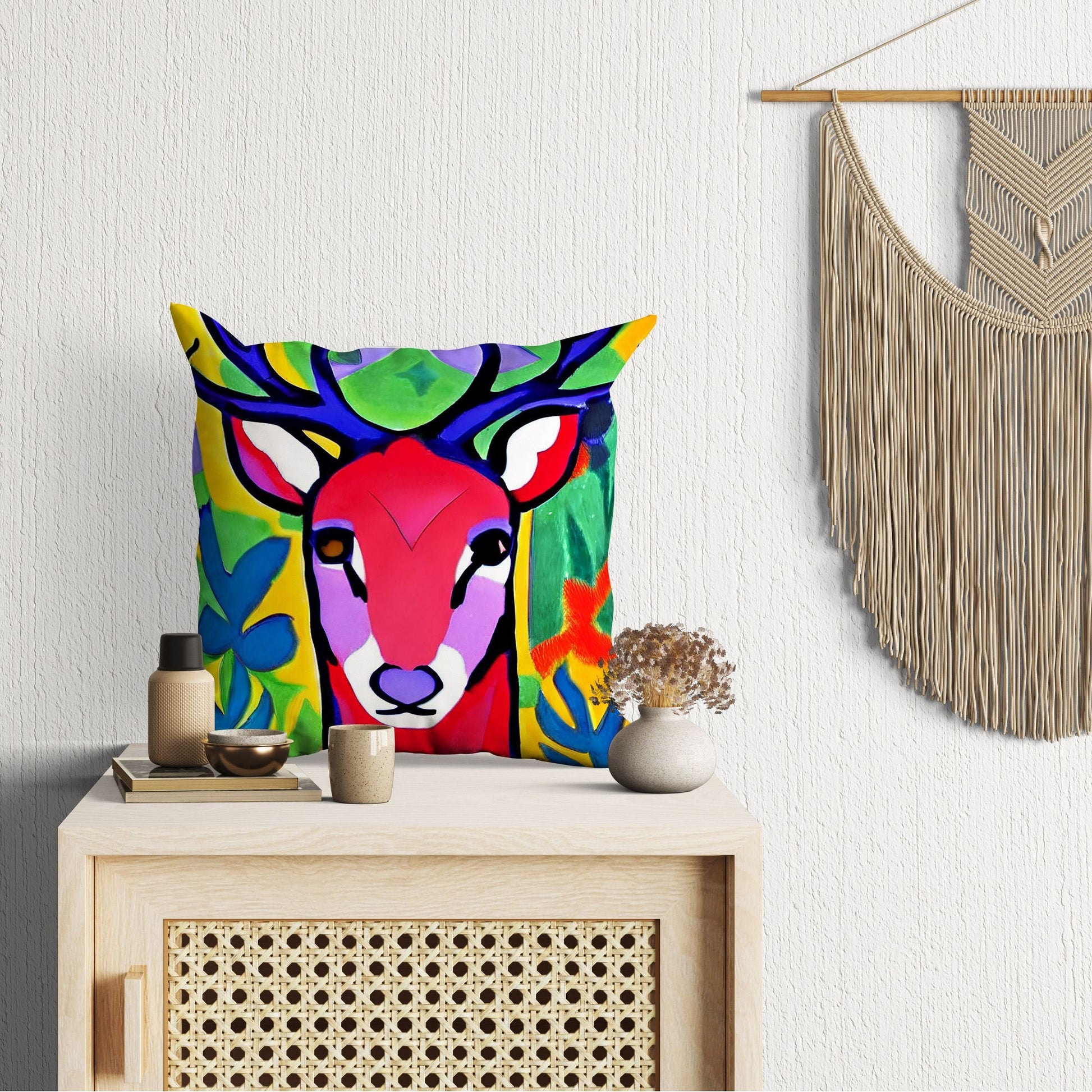 Original Art Wildlife Deer Toss Pillow, Bee Pillow Cover, Soft Pillow Cases, Colorful Pillow Case, Housewarming Gift, Sofa Pillows