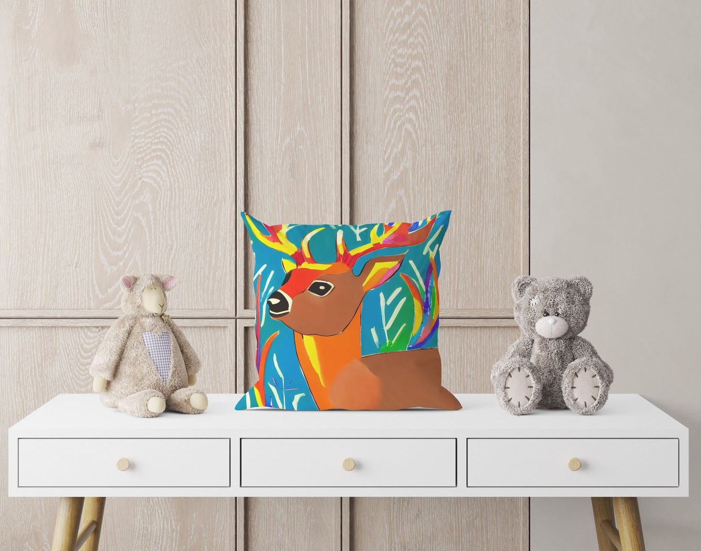 Original Art Wildlife Deer, Decorative Pillow, Abstract Pillow, Art Pillow, Colorful Pillow Case, Housewarming Gift, Nursery Pillow