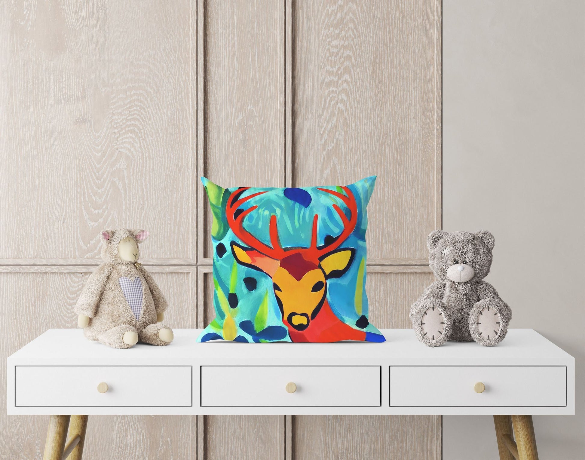Original Art Wildlife Deer Decorative Pillow, Bee Pillow Cover, Designer Pillow, Square Pillow, Home Decor Pillow, Indoor Pillow Cases