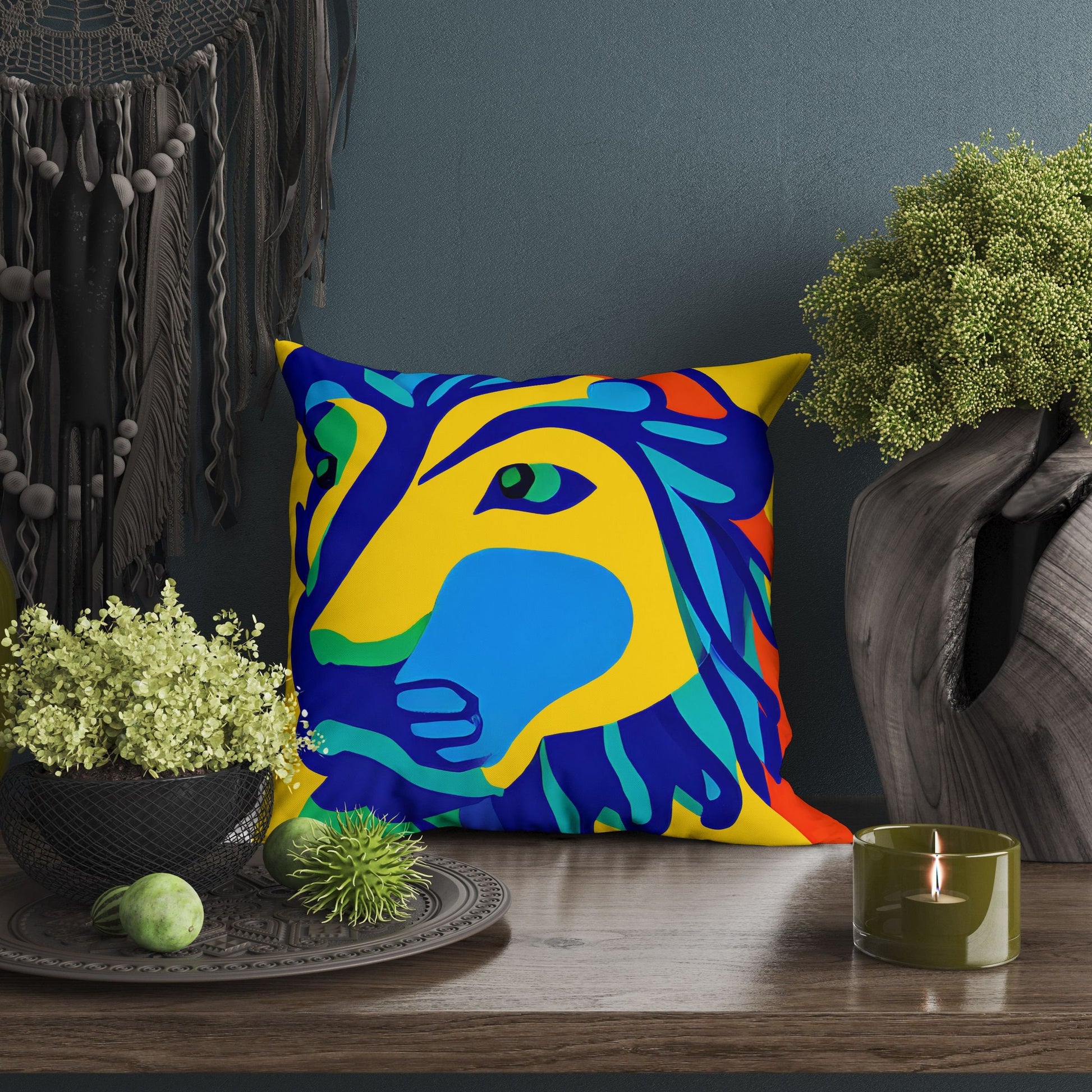 Original Art African Wildlife Lion King Tapestry Pillows, Abstract Art Pillow, Comfortable, Colorful Pillow, Playroom Decor, Abstract Decor