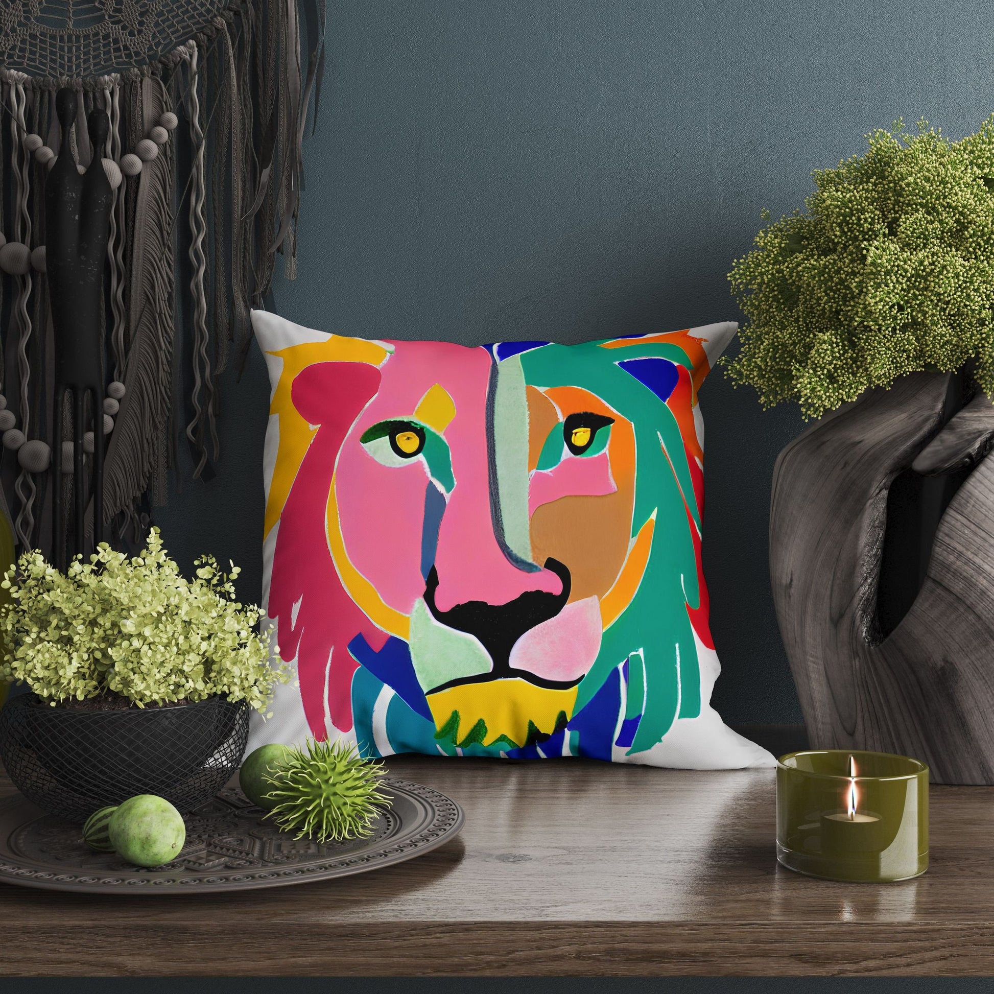 Original Art African Wildlife Lion King Throw Pillow, Abstract Throw Pillow Cover, Comfortable, Colorful Pillow Case, Square Pillow