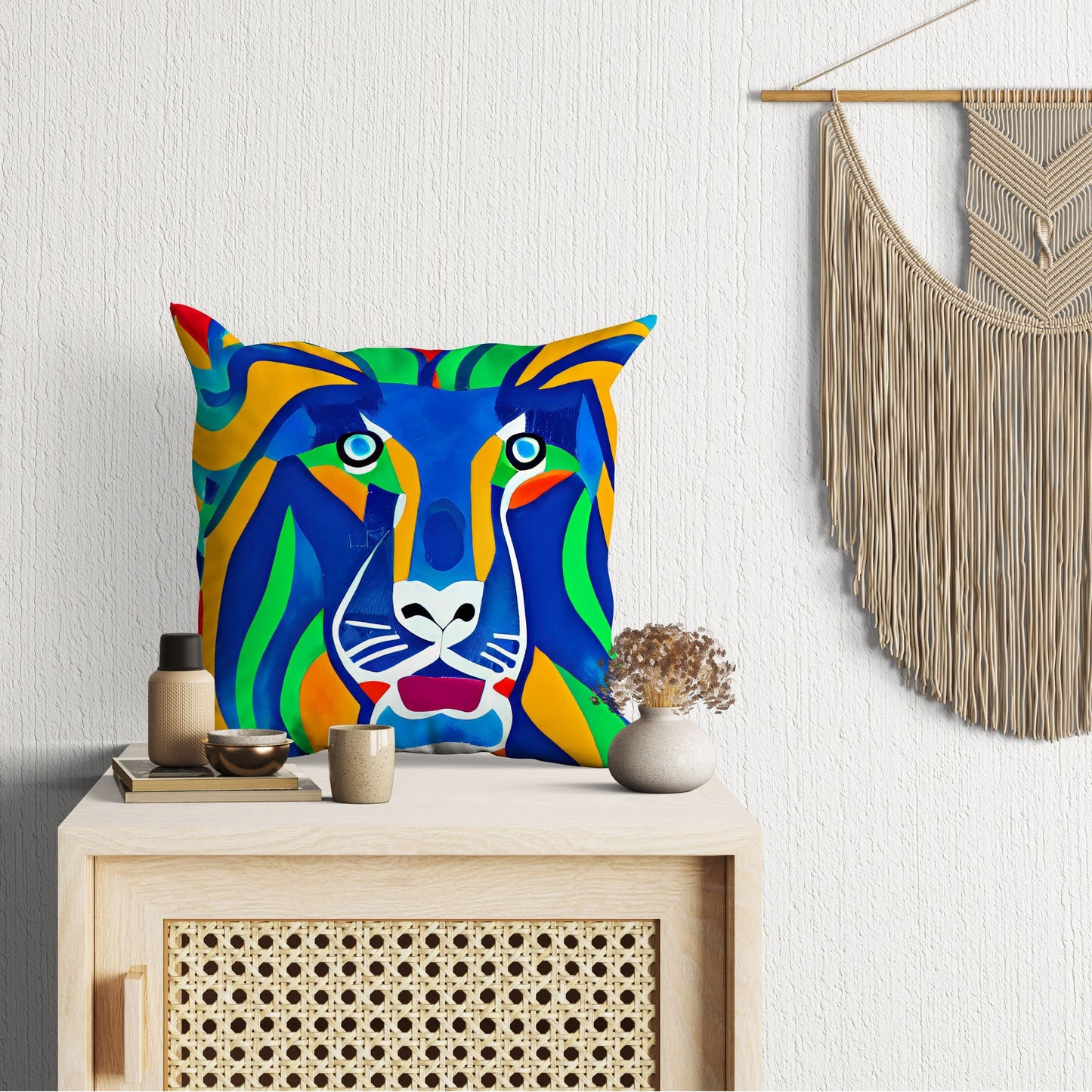 Original Art African Wildlife Lion King Decorative Pillow, Abstract Art Pillow, Artist Pillow, Colorful Pillow Case, Contemporary Pillow