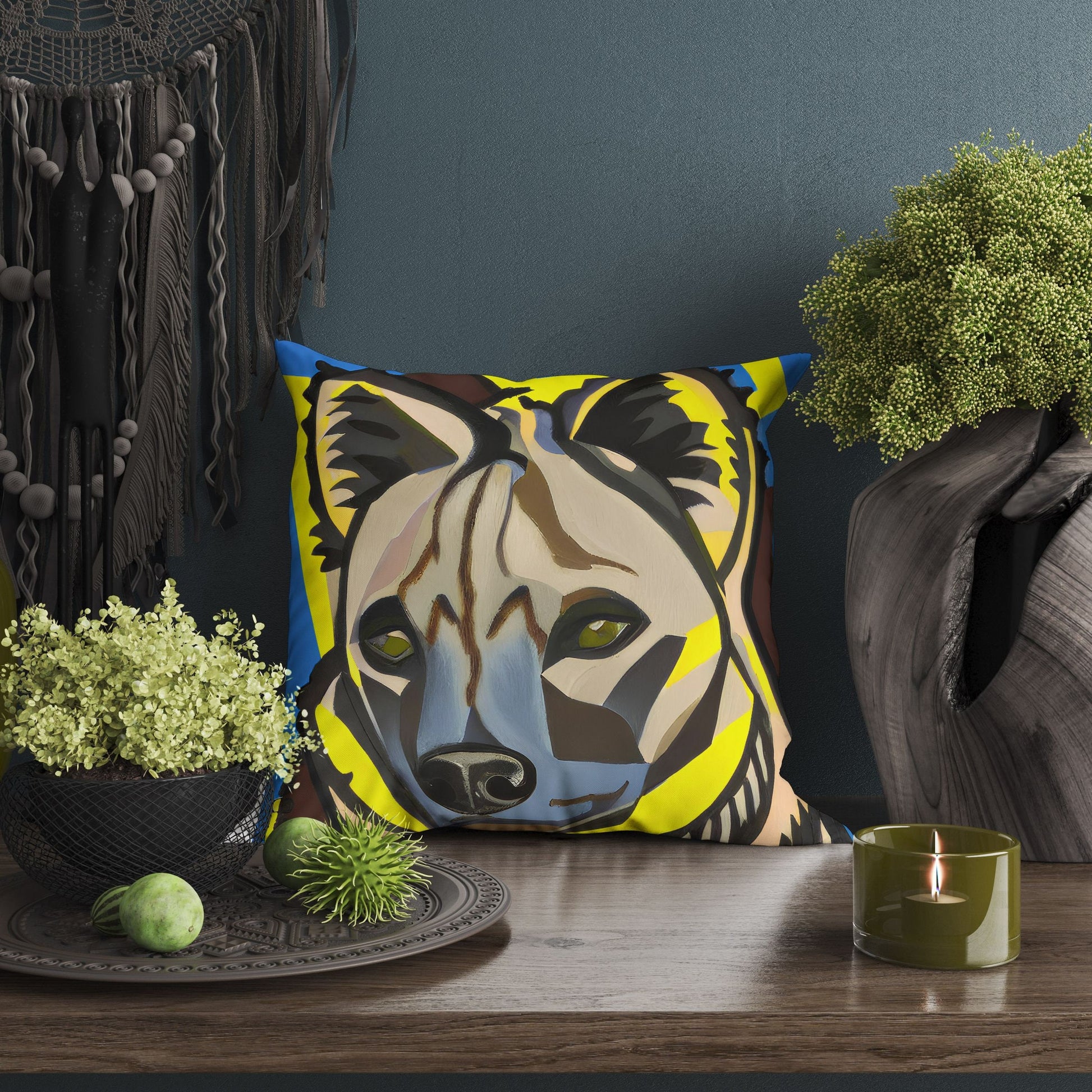 Original Art African Wildlife Hyena Decorative Pillow, Abstract Pillow, Art Pillow, Colorful Pillow Case, Fashion, Square Pillow