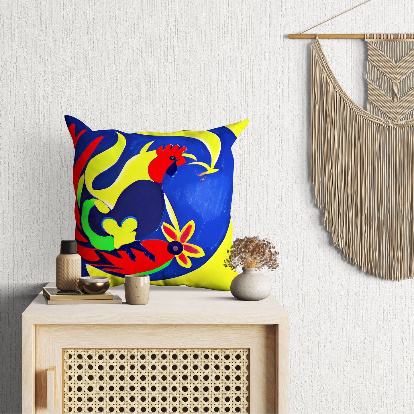 Original Art Rooster Toss Pillow, Abstract Pillow, Artist Pillow, Colorful Pillow Case, 24X24 Pillow Case, Playroom Decor, Holiday Gift