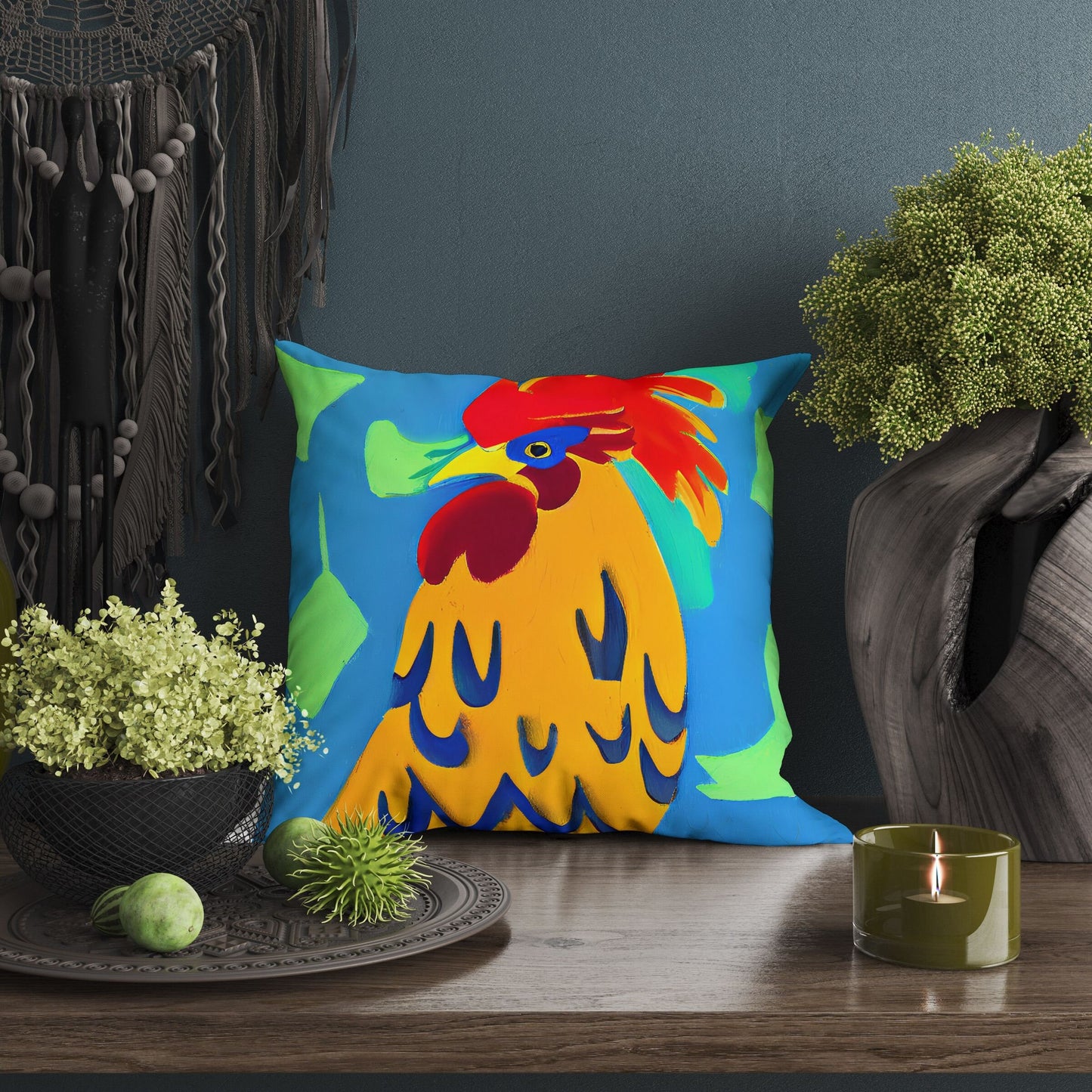 Original Art Rooster, Throw Pillow Cover, Abstract Throw Pillow, Comfortable, Colorful Pillow Case, Contemporary Pillow, 20X20 Pillow Cover