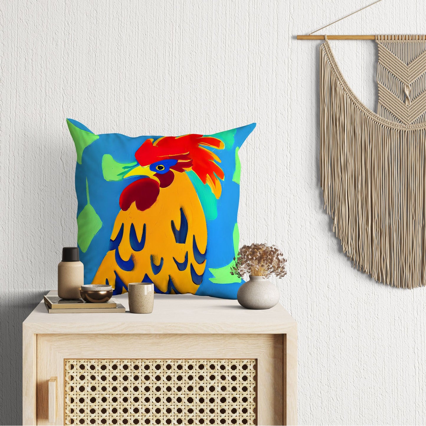 Original Art Rooster, Throw Pillow Cover, Abstract Throw Pillow, Comfortable, Colorful Pillow Case, Contemporary Pillow, 20X20 Pillow Cover