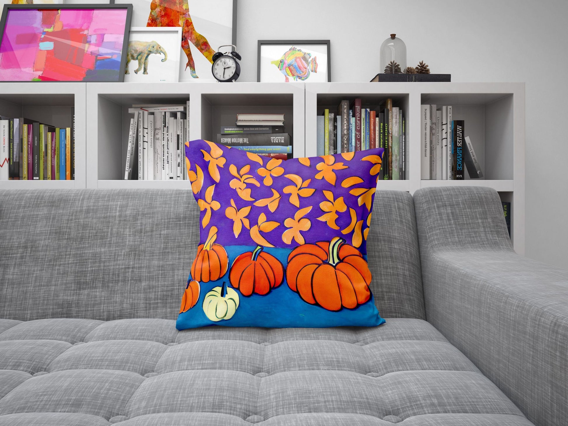 Pumpkins And Flowers Original Art Tapestry Pillows, Abstract Art Pillow, Art Pillow, Colorful Pillow Case, Contemporary Pillow Square Pillow