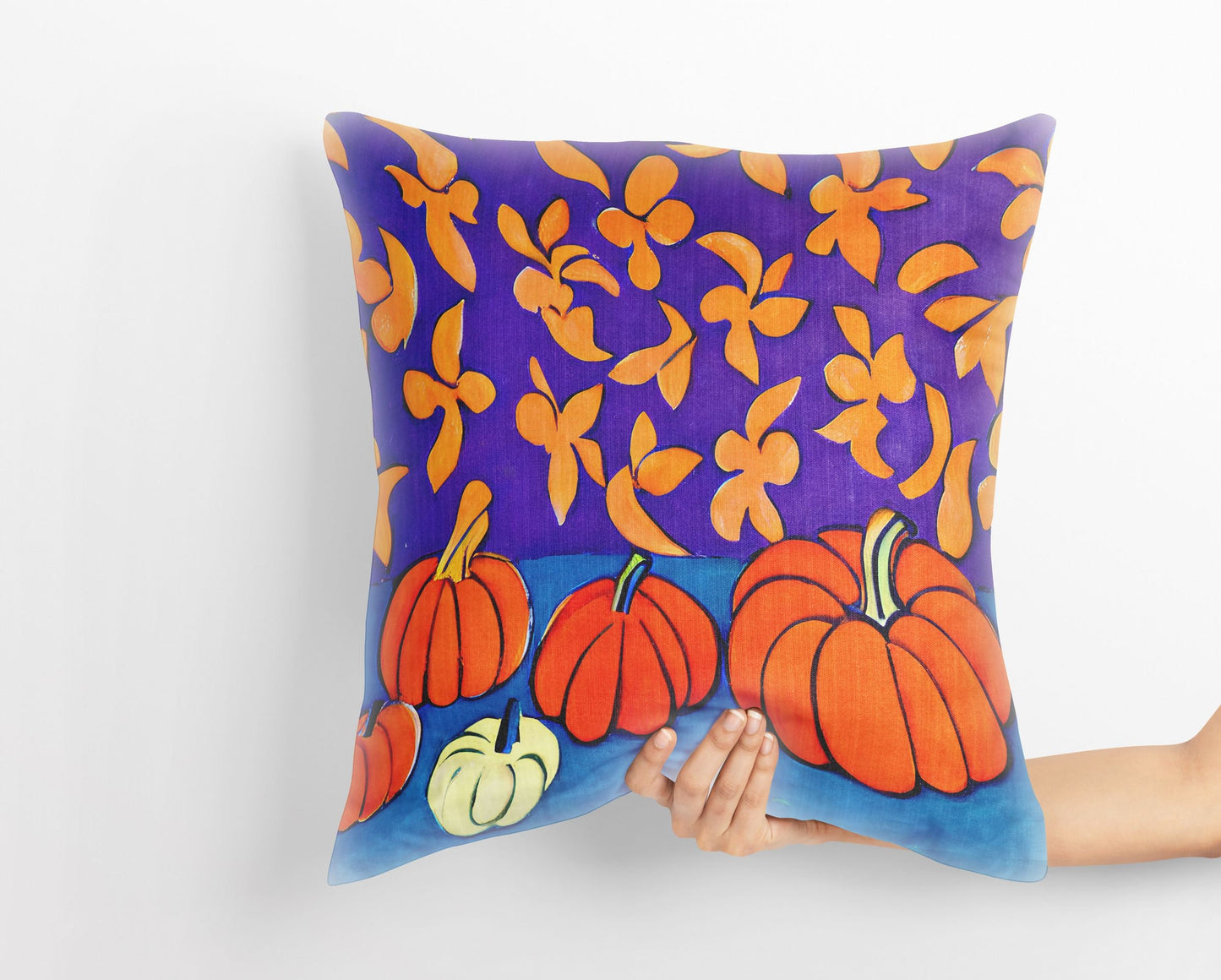 Pumpkins And Flowers Original Art Tapestry Pillows, Abstract Art Pillow, Art Pillow, Colorful Pillow Case, Contemporary Pillow Square Pillow
