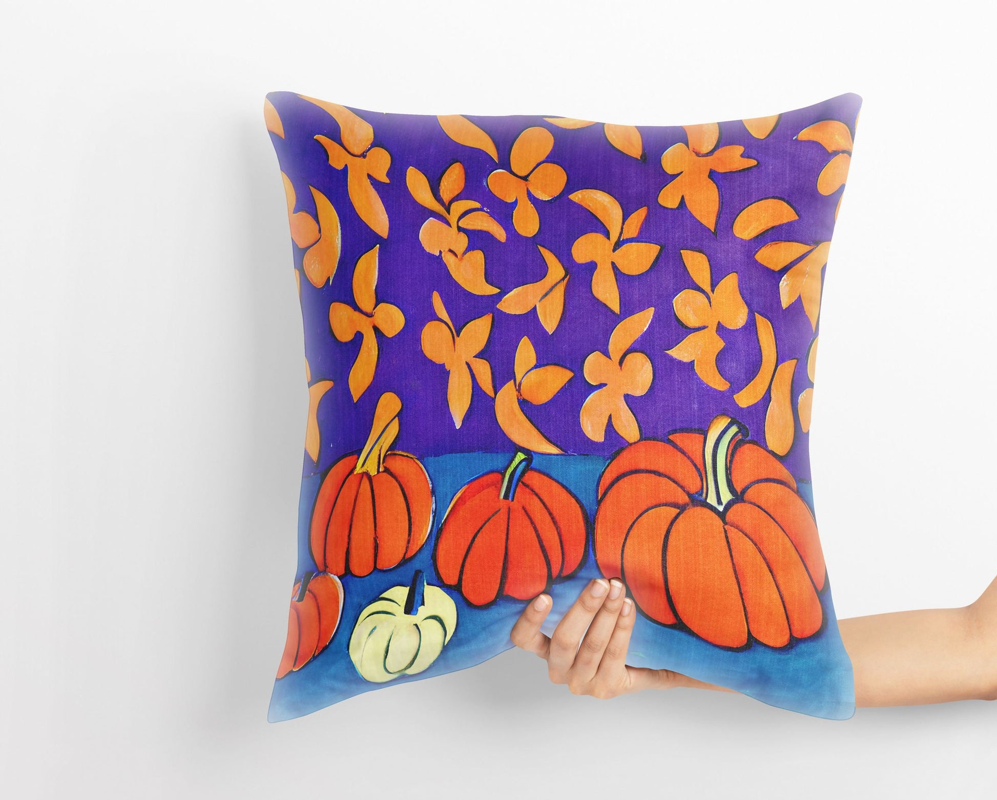 Pumpkins And Flowers Original Art Tapestry Pillows, Abstract Art Pillow, Art Pillow, Colorful Pillow Case, Contemporary Pillow Square Pillow