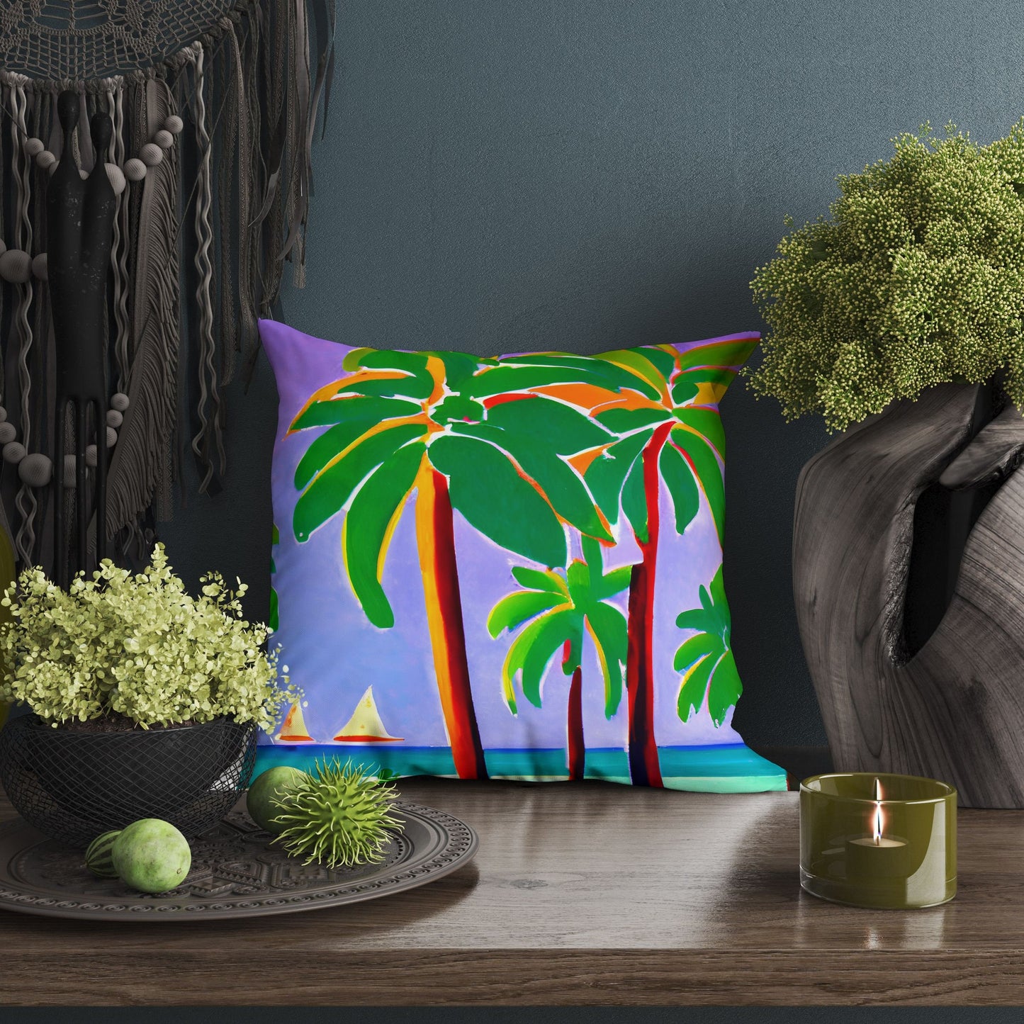 Coconut Trees On The Beach Throw Pillow, Abstract Art Pillow, Original Art Pillow, 24X24 Pillow Case, Housewarming Gift, Indoor Pillow Cases