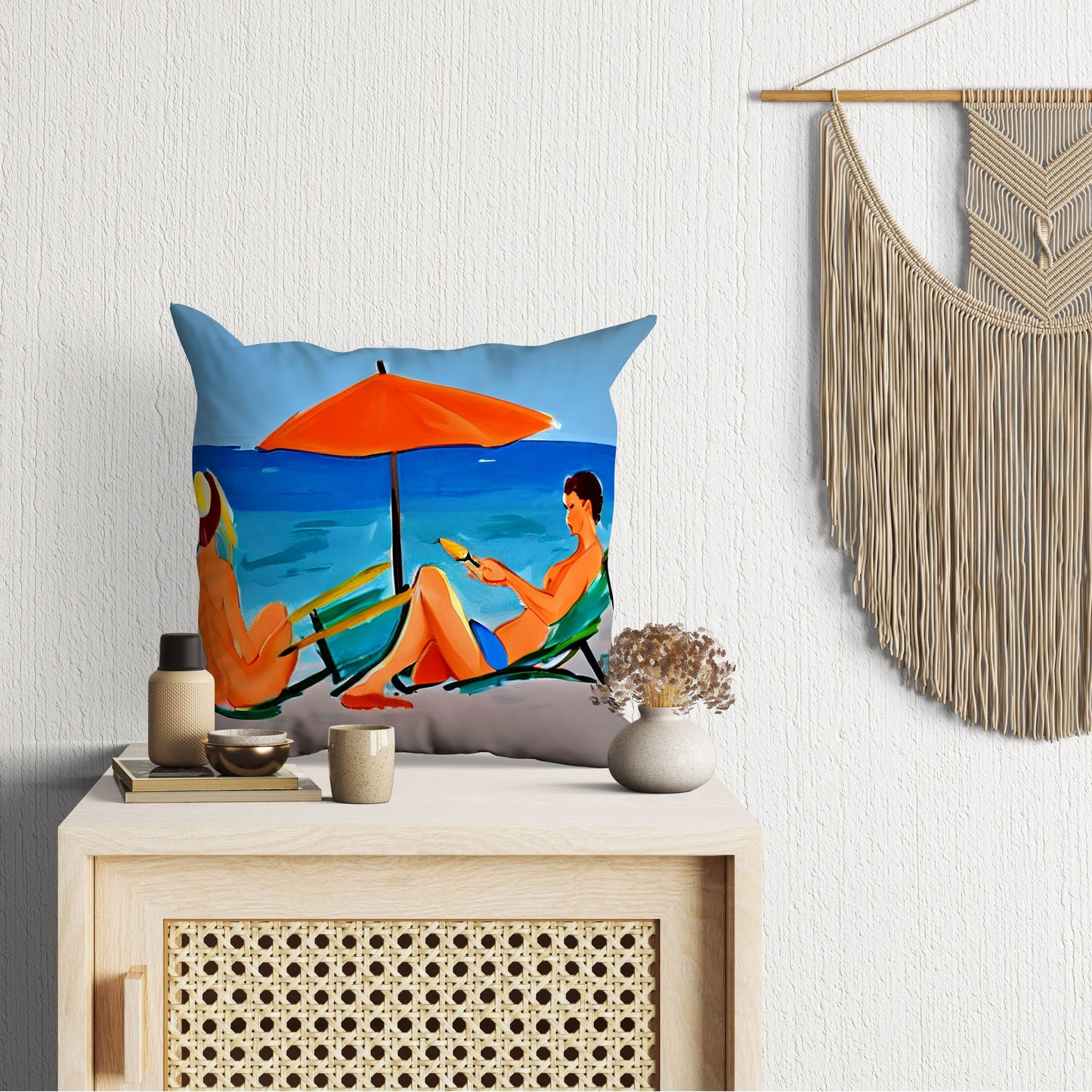 Girls Sunbathing By The Sea Decorative Pillow, Abstract Throw Pillow, Designer Pillow, Colorful Pillow Case, Watercolor Pillow Cases