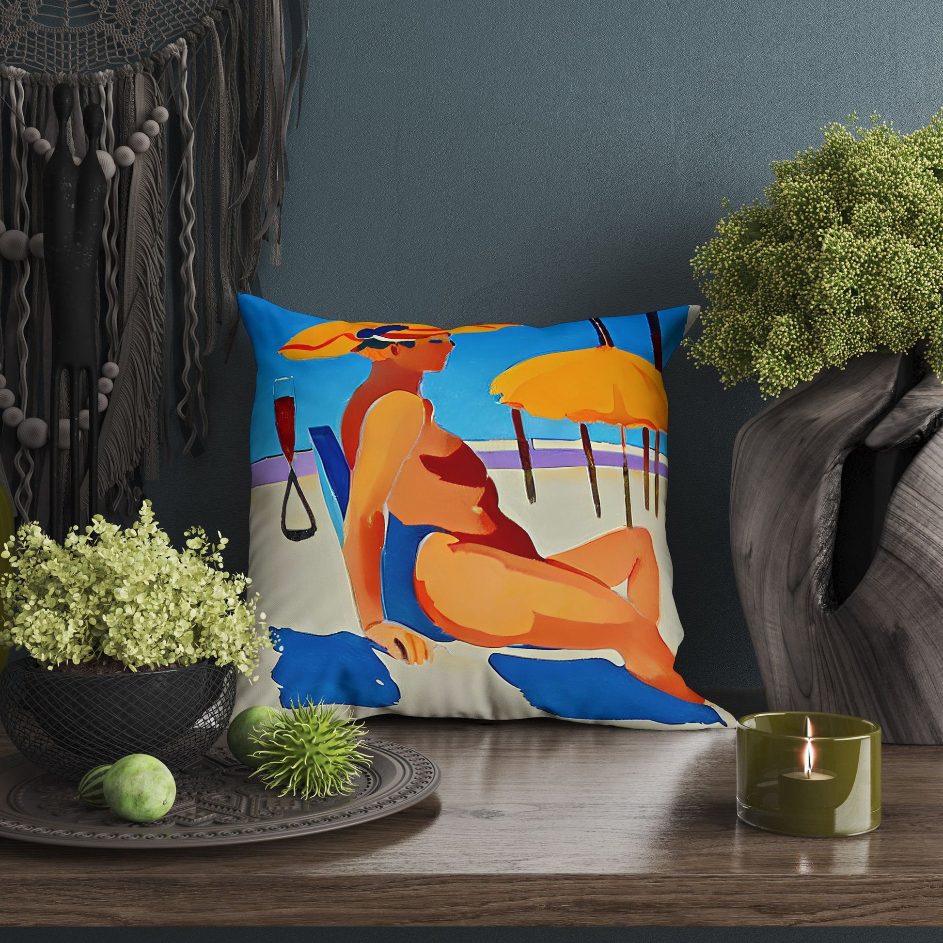 Woman Sunbathing By The Sea Toss Pillow, Abstract Pillow Case, Soft Pillow Cases, Colorful Pillow Case, Indoor Pillow Cases