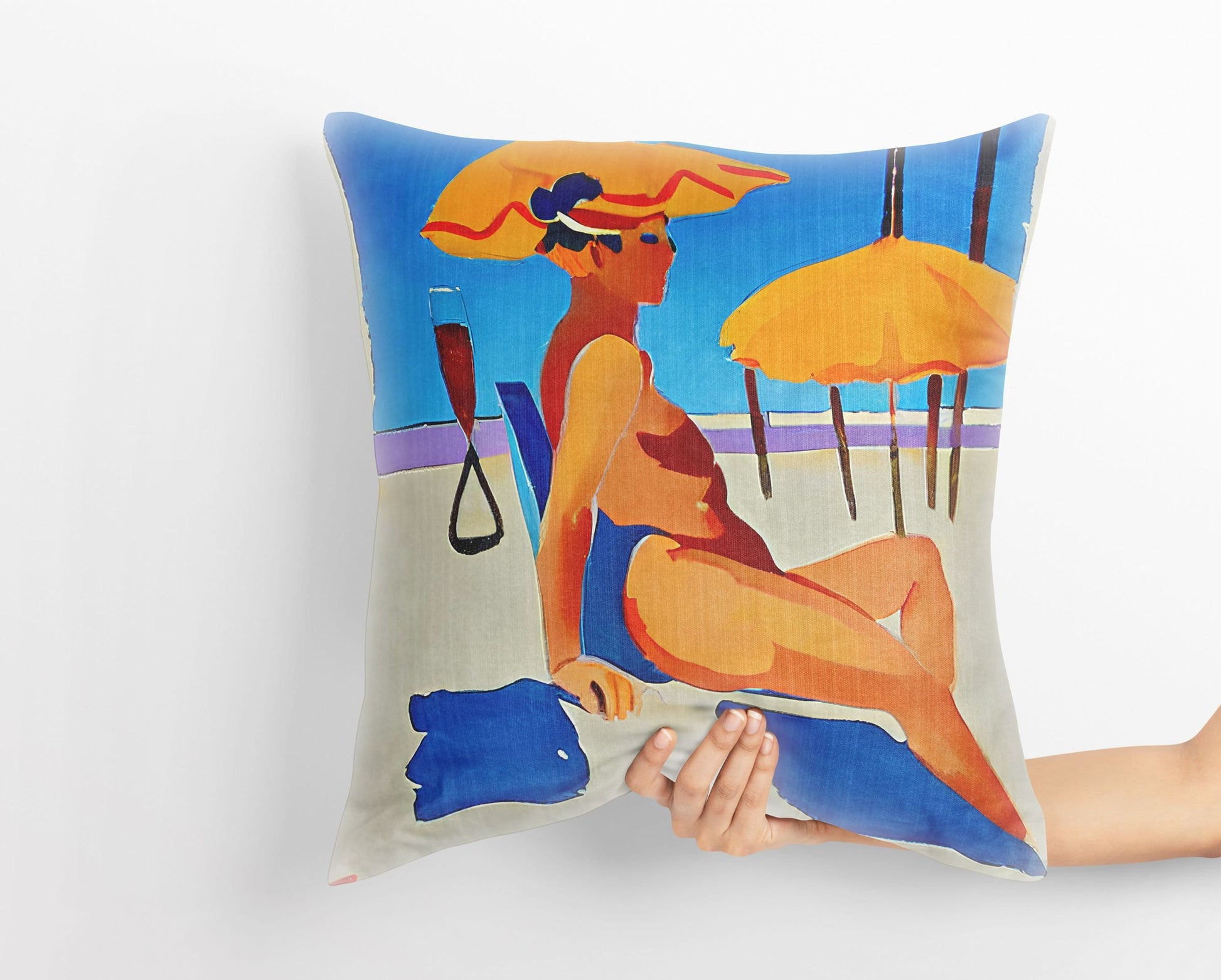 Woman Sunbathing By The Sea Toss Pillow, Abstract Pillow Case, Soft Pillow Cases, Colorful Pillow Case, Indoor Pillow Cases