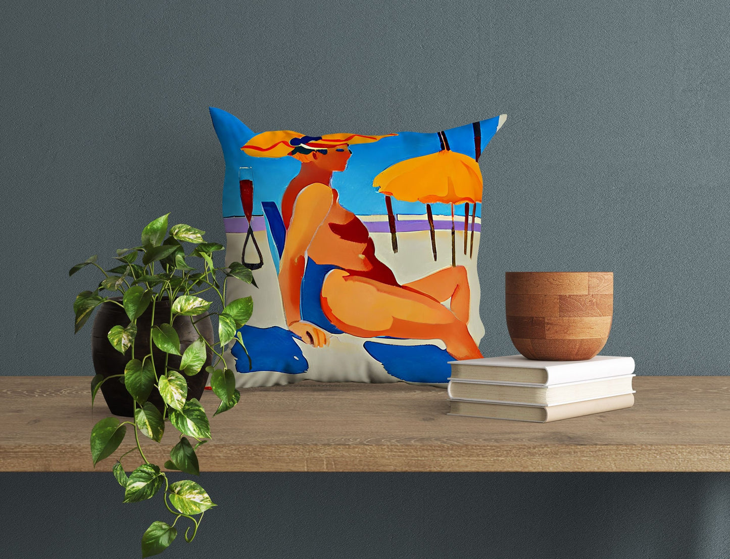 Woman Sunbathing By The Sea Toss Pillow, Abstract Pillow Case, Soft Pillow Cases, Colorful Pillow Case, Indoor Pillow Cases