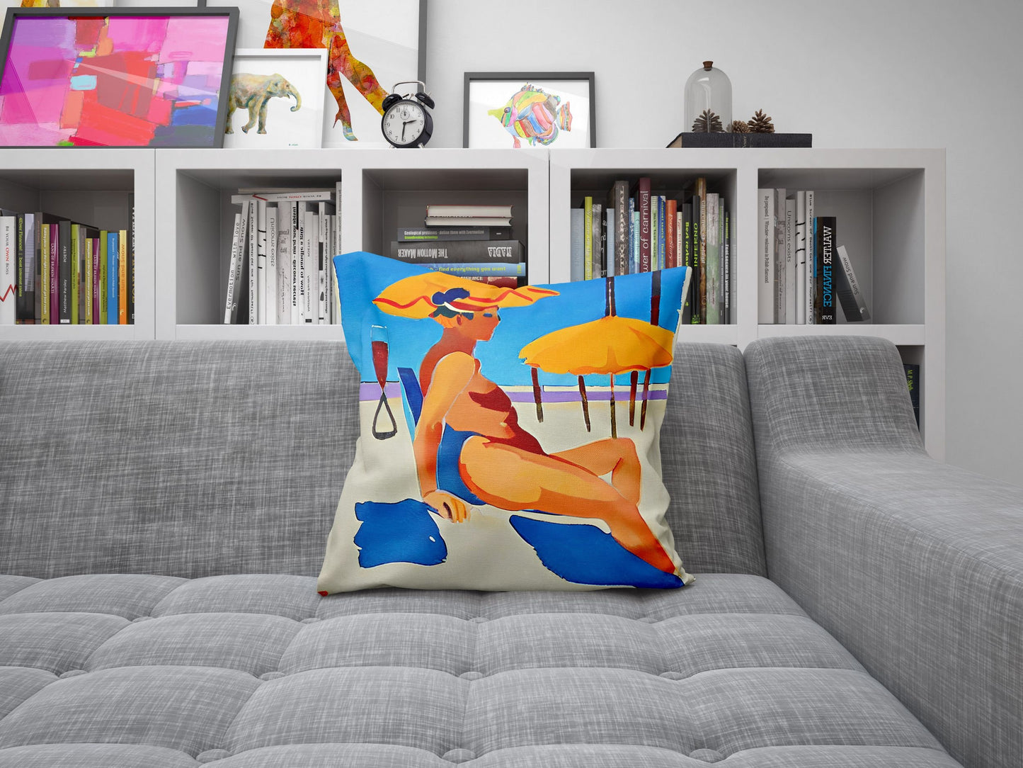 Woman Sunbathing By The Sea Toss Pillow, Abstract Pillow Case, Soft Pillow Cases, Colorful Pillow Case, Indoor Pillow Cases