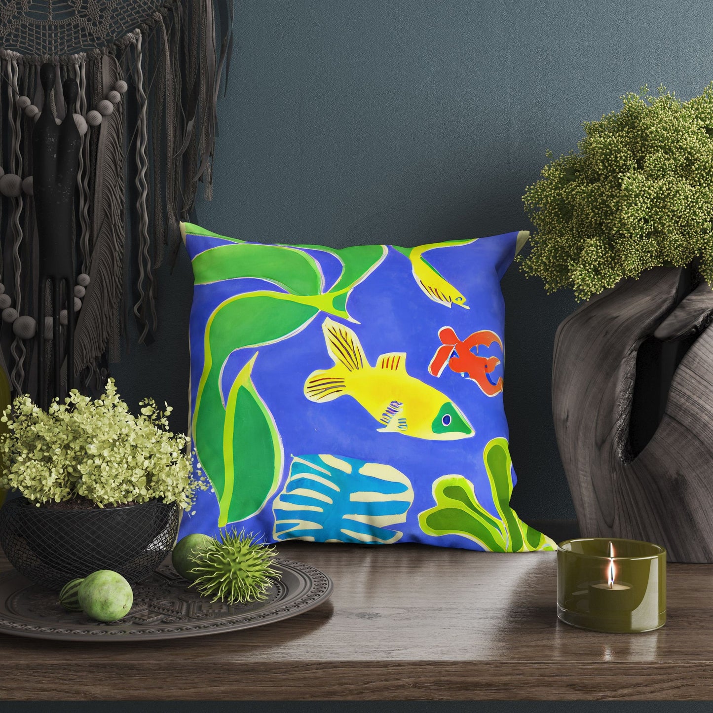 Tropical Fish Toss Pillow, Abstract Pillow, Artist Pillow, Colorful Pillow Case, Contemporary Pillow, 24X24 Pillow Case, Nursery Pillows