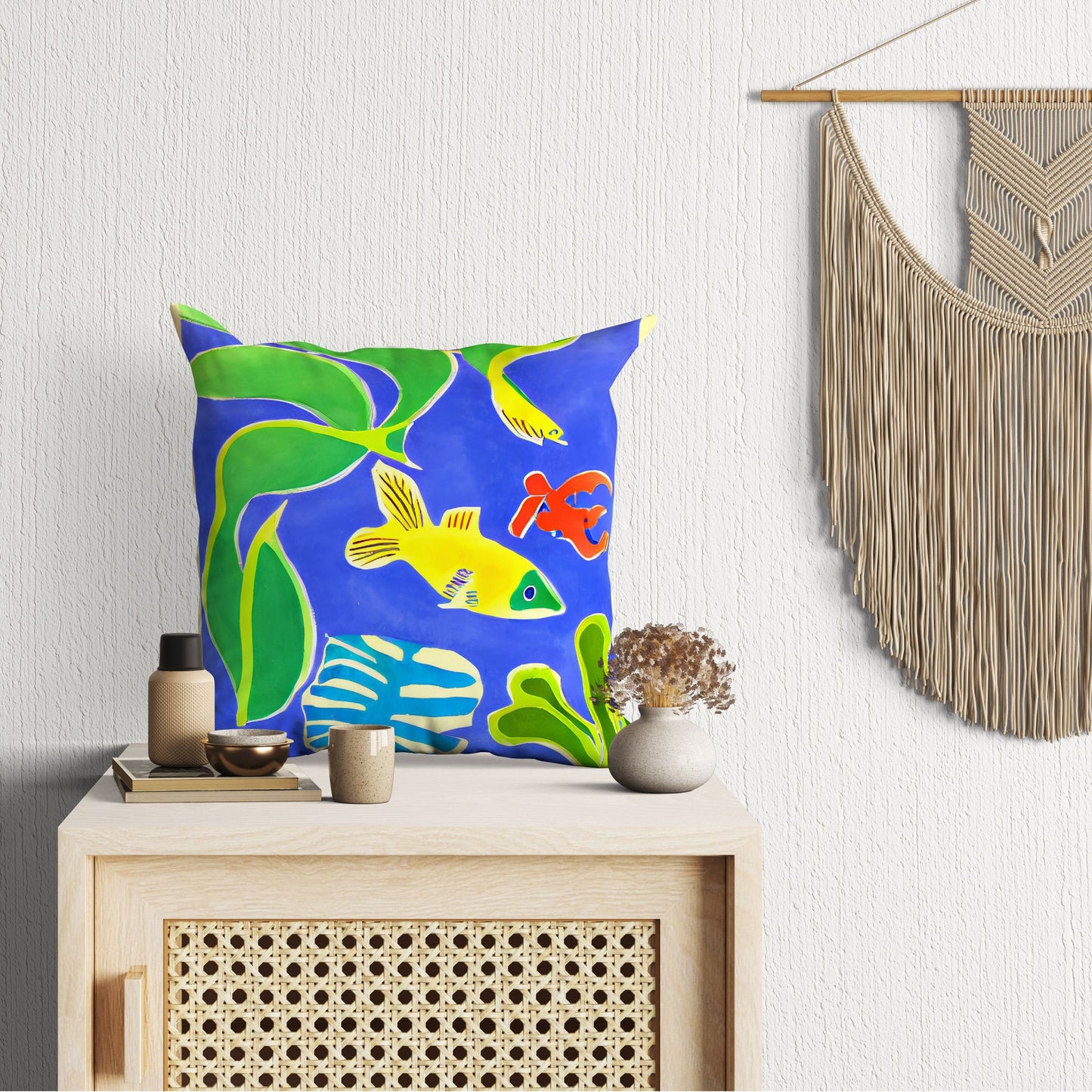 Tropical Fish Toss Pillow, Abstract Pillow, Artist Pillow, Colorful Pillow Case, Contemporary Pillow, 24X24 Pillow Case, Nursery Pillows