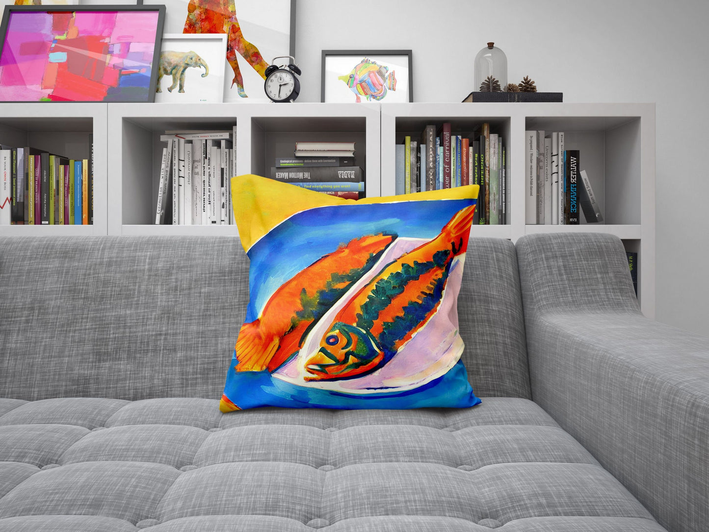 Pan-Fried Fishes Throw Pillow Cover, Abstract Pillow Case, Designer Pillow, Colorful Pillow Case, Housewarming Gift, Nursery Pillow