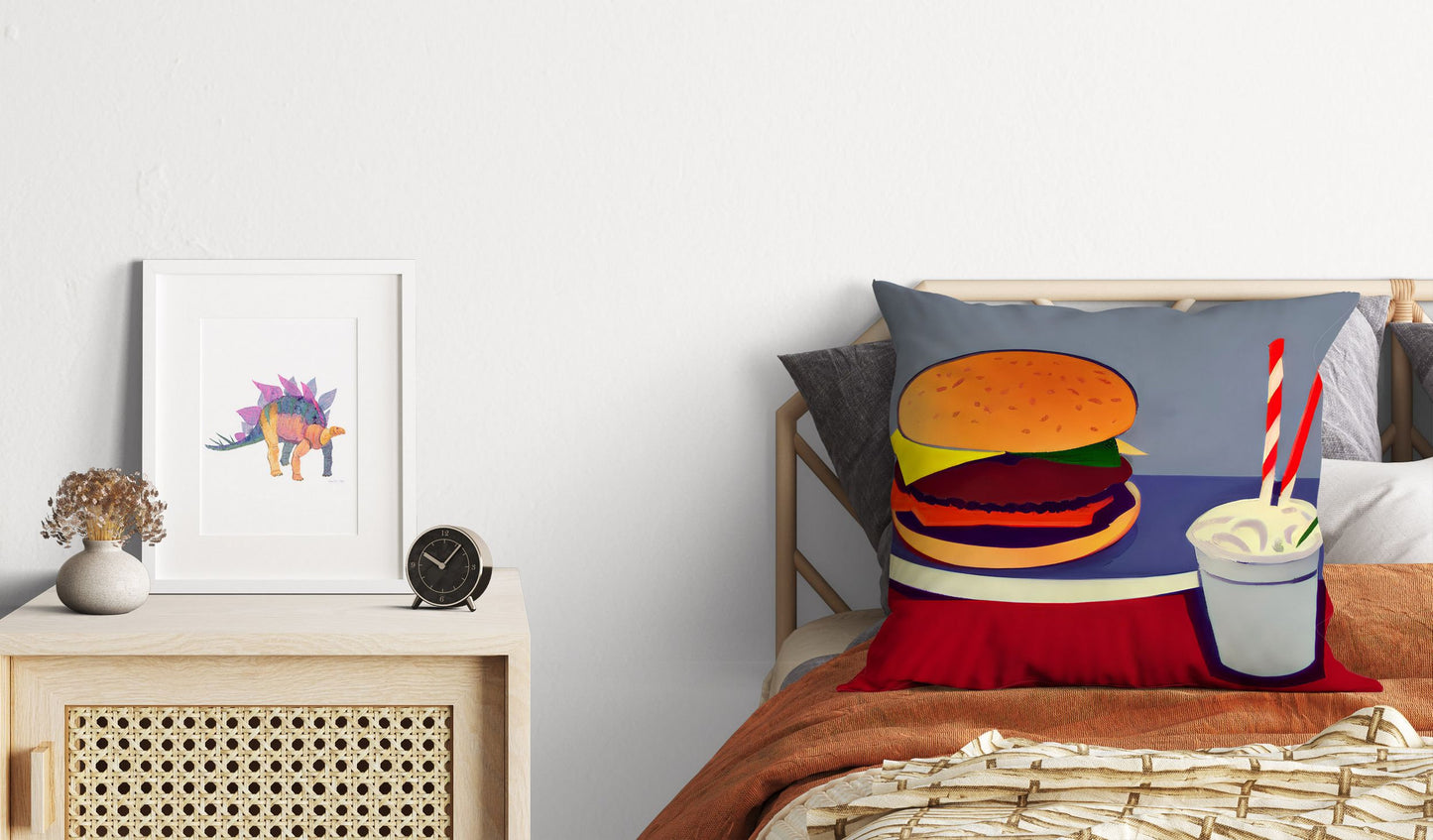 Hamburger And Drink, Pillow Case, Abstract Art Pillow, Designer Pillow, Colorful Pillow Case, Fashion, Playroom Decor, Pillow Cases Kids
