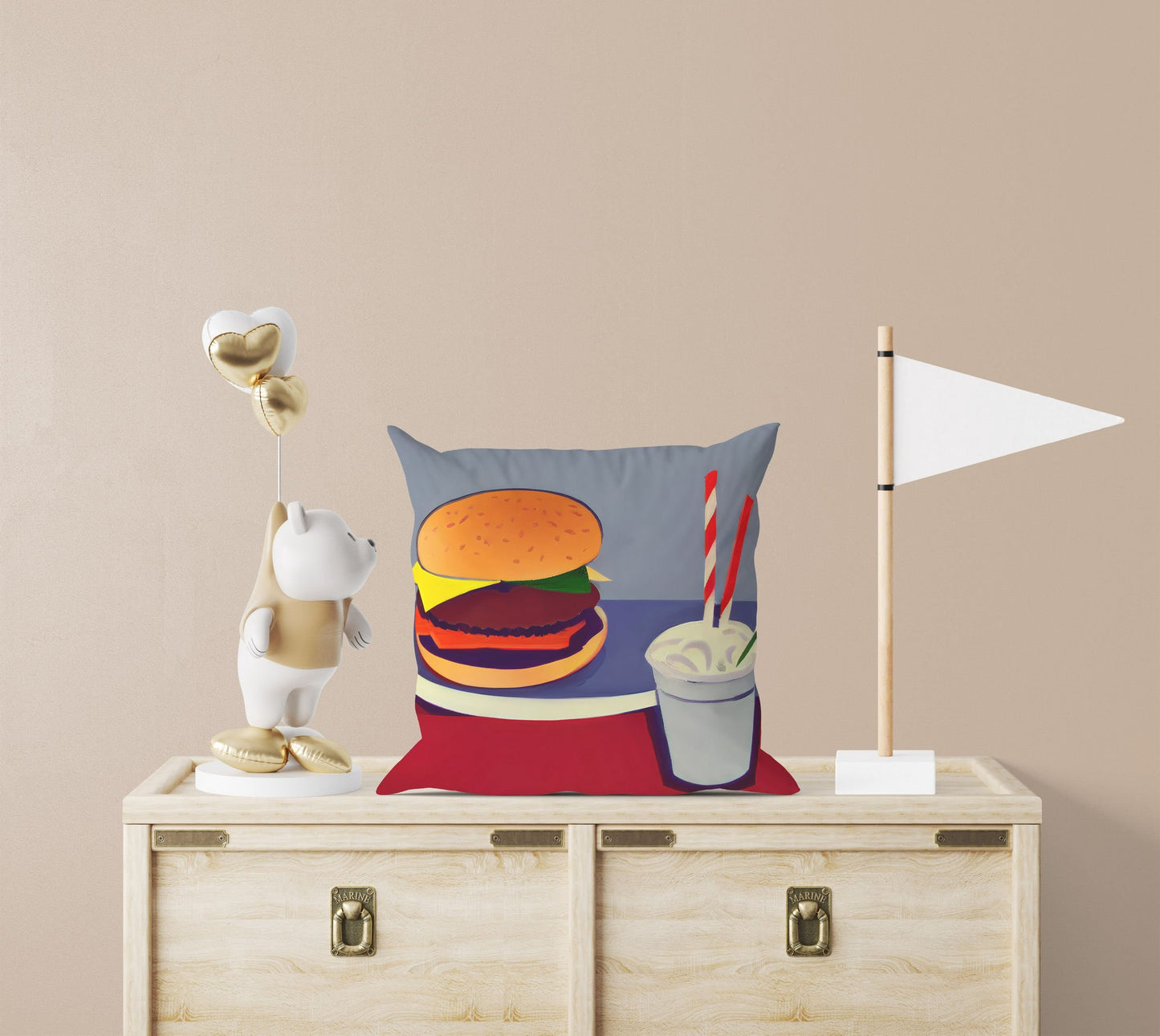 Hamburger And Drink, Pillow Case, Abstract Art Pillow, Designer Pillow, Colorful Pillow Case, Fashion, Playroom Decor, Pillow Cases Kids