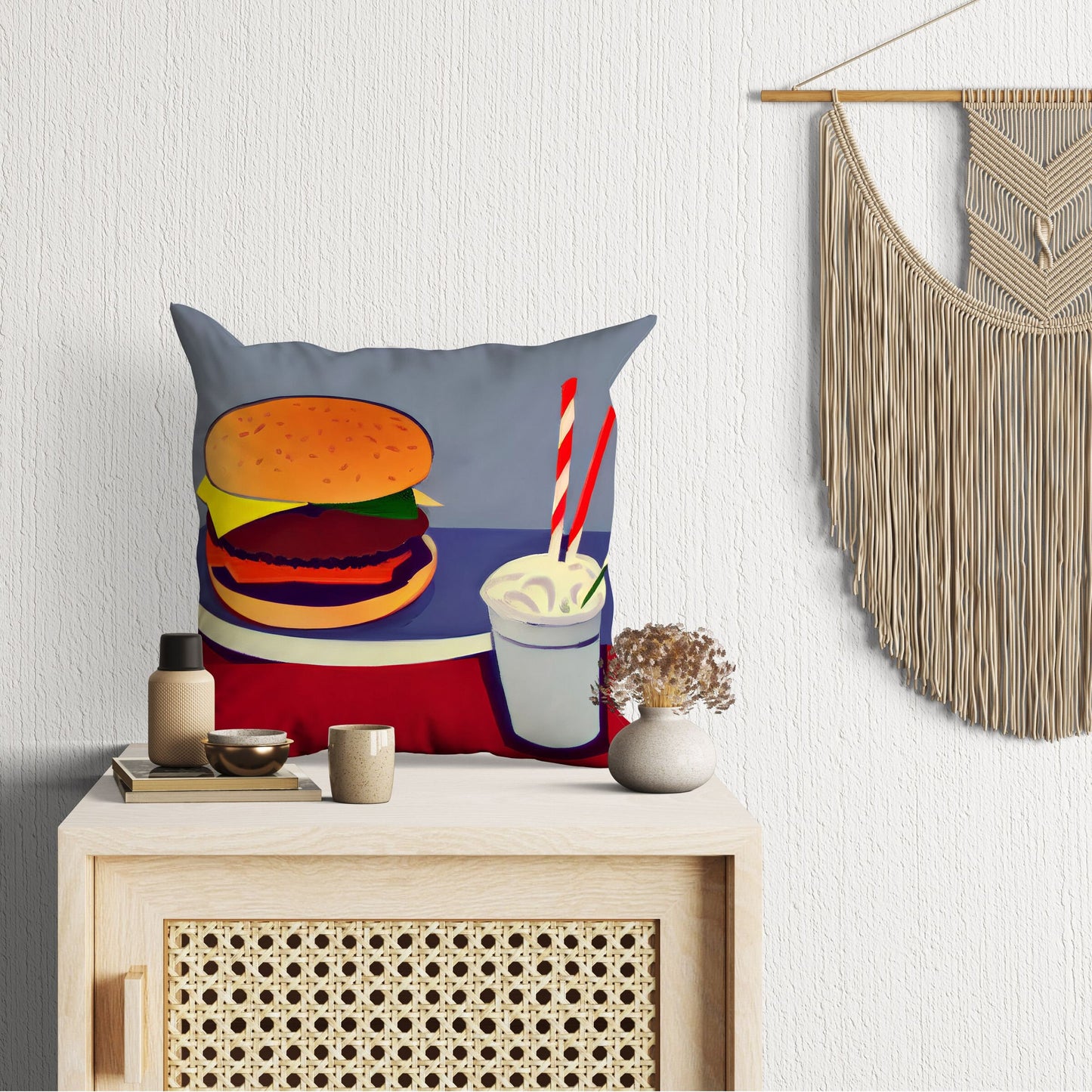 Hamburger And Drink, Pillow Case, Abstract Art Pillow, Designer Pillow, Colorful Pillow Case, Fashion, Playroom Decor, Pillow Cases Kids
