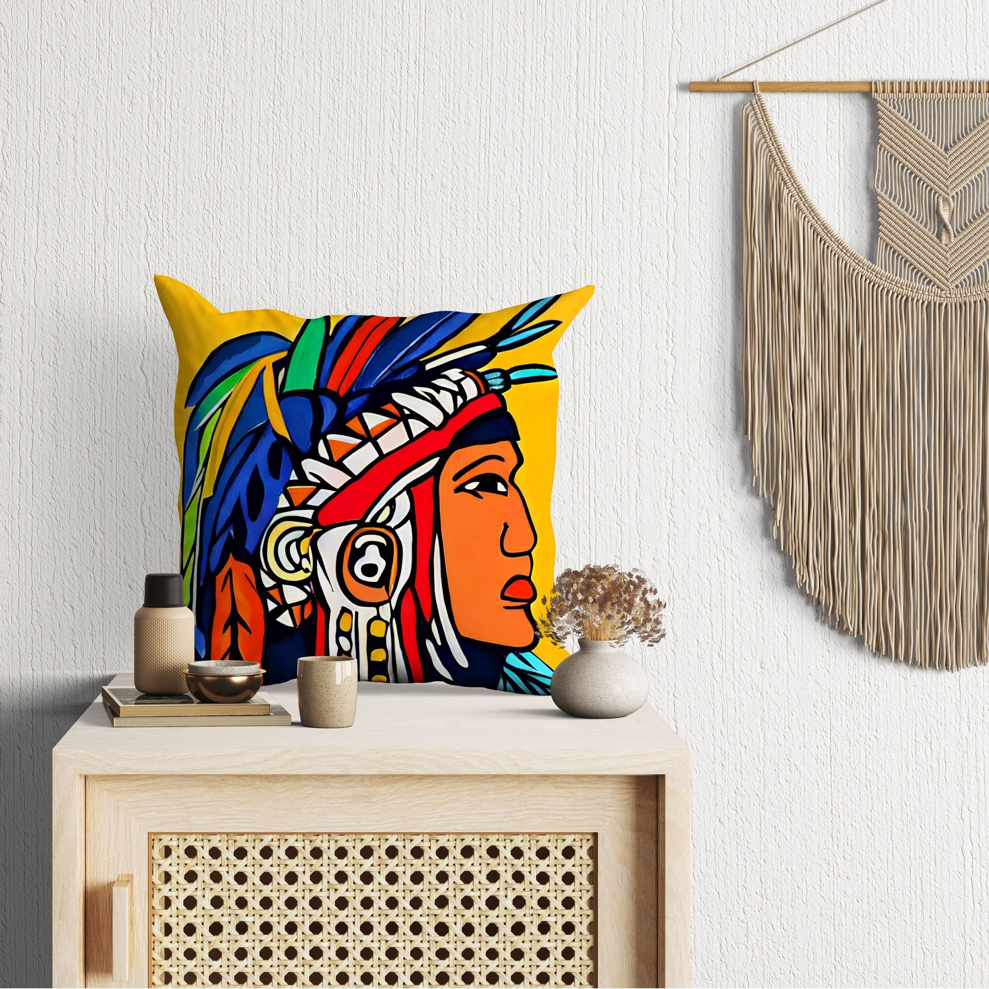 Indian Chief Pillow Case, Abstract Throw Pillow, Designer Pillow, Colorful Pillow Case, Contemporary Pillow, 24X24 Pillow Case