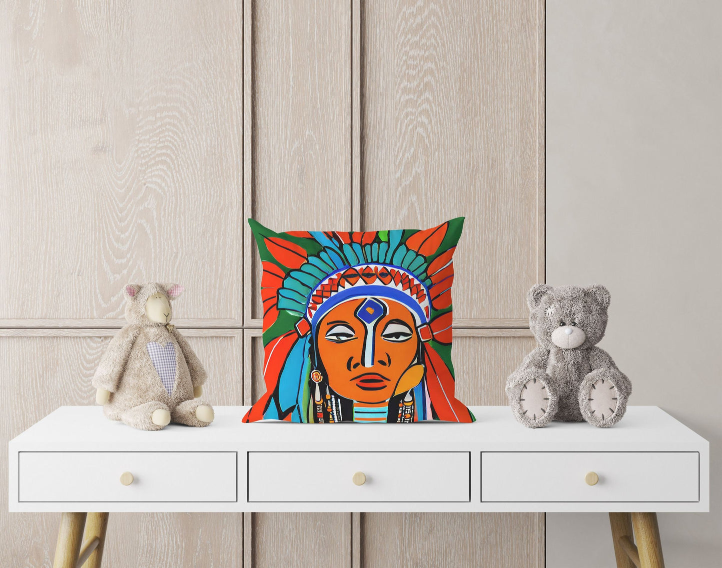 Indian Chief Pillow Case, Abstract Pillow Case, Artist Pillow, Colorful Pillow Case, Fashion, 20X20 Pillow, Home And Living, Abstract Decor