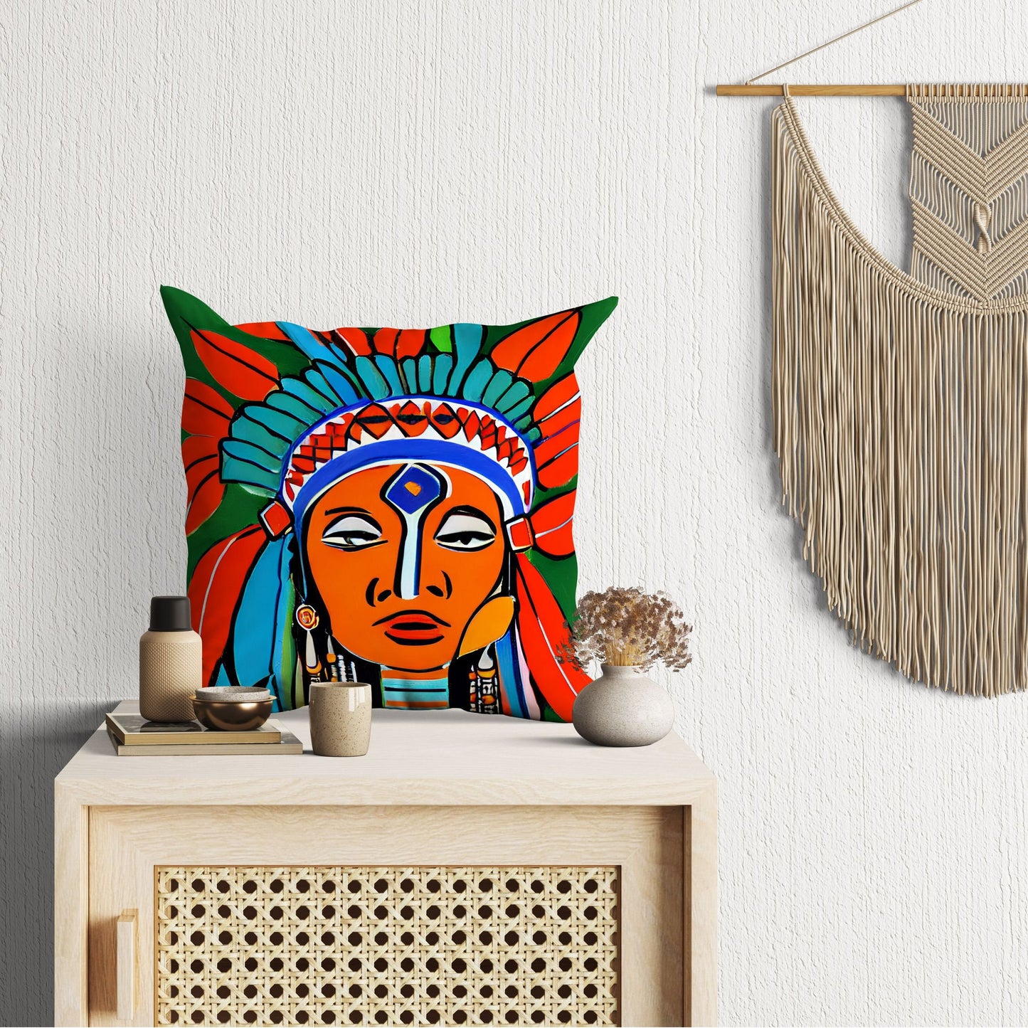 Indian Chief Pillow Case, Abstract Pillow Case, Artist Pillow, Colorful Pillow Case, Fashion, 20X20 Pillow, Home And Living, Abstract Decor