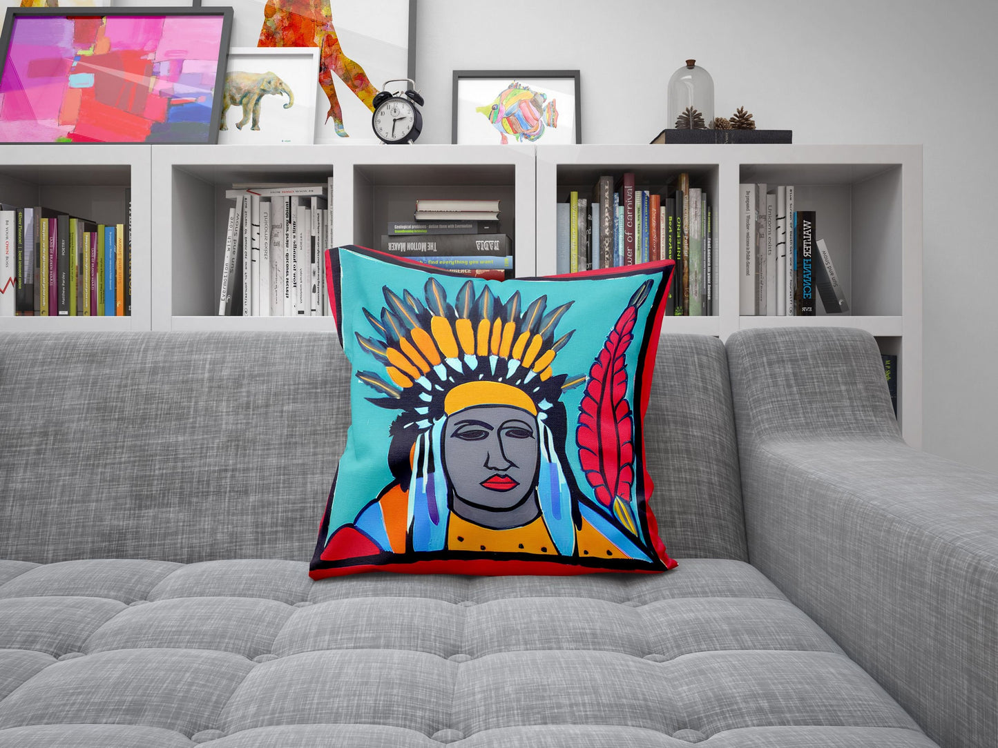 Indian Chief Toss Pillow, Abstract Throw Pillow, Artist Pillow, Colorful Pillow Case, Watercolor Pillow Cases, Square Pillow, Playroom Decor