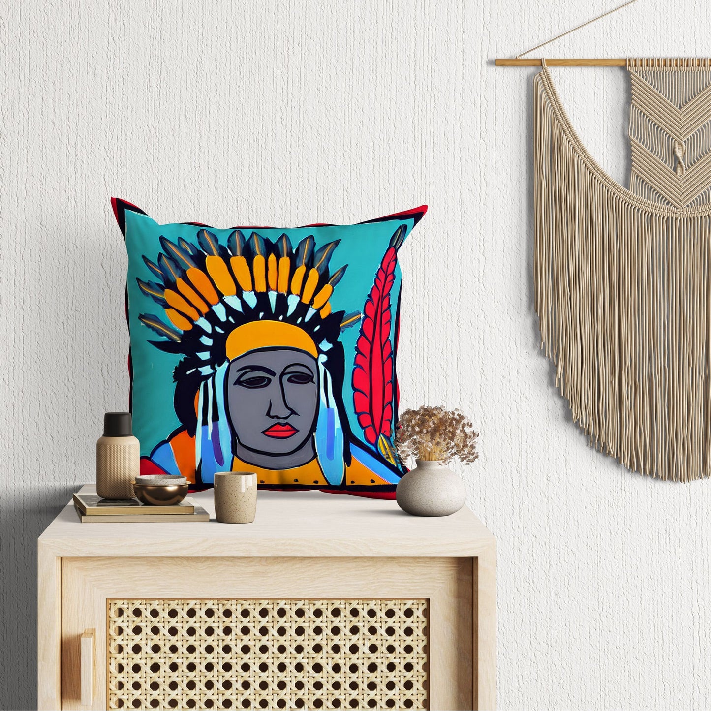 Indian Chief Toss Pillow, Abstract Throw Pillow, Artist Pillow, Colorful Pillow Case, Watercolor Pillow Cases, Square Pillow, Playroom Decor