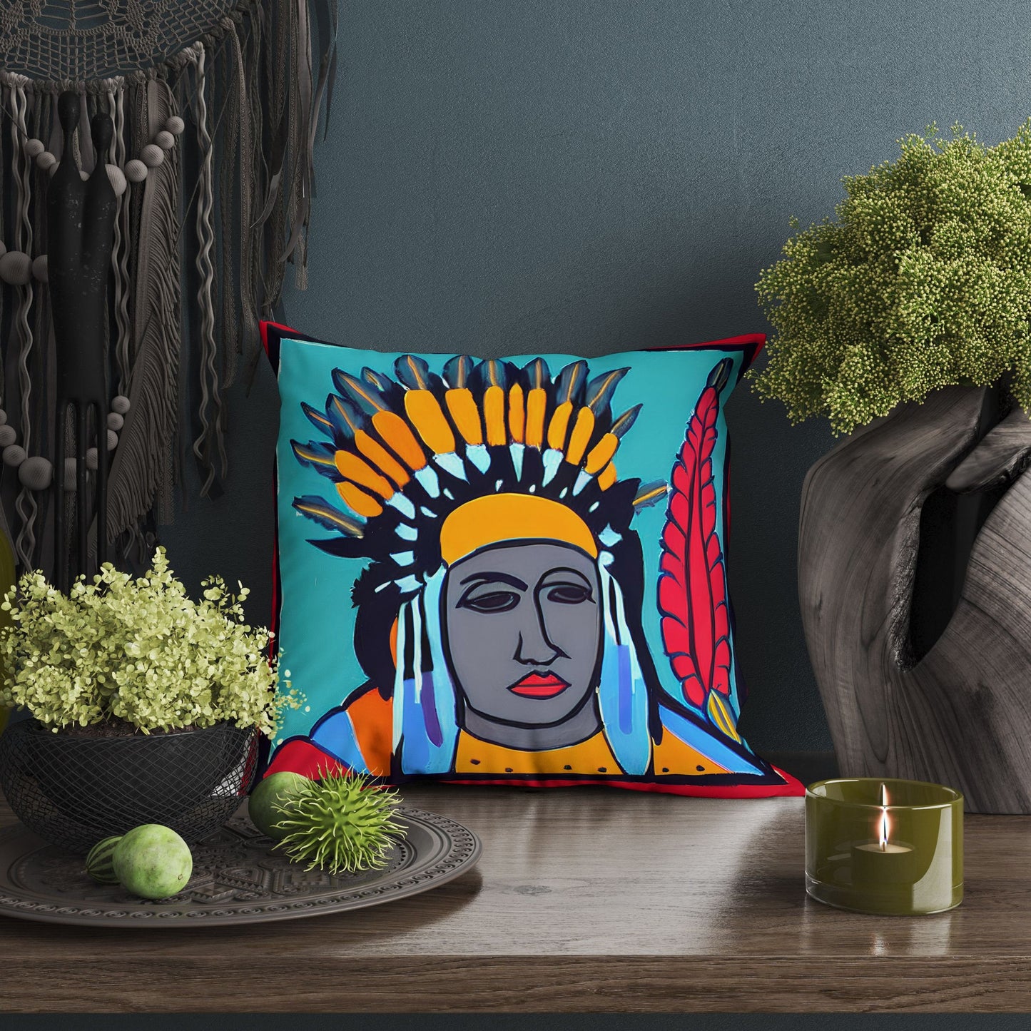 Indian Chief Toss Pillow, Abstract Throw Pillow, Artist Pillow, Colorful Pillow Case, Watercolor Pillow Cases, Square Pillow, Playroom Decor