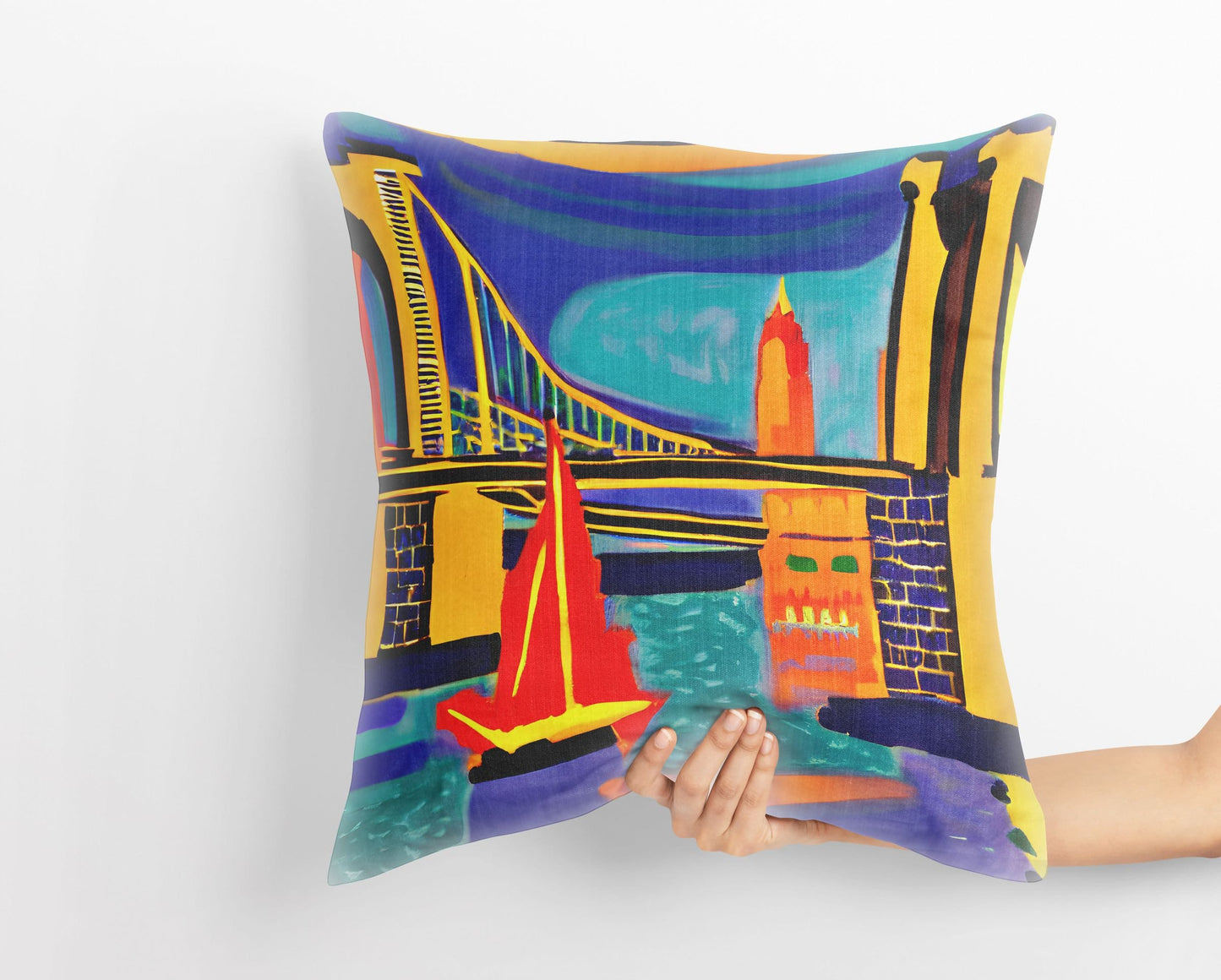 New York Brooklyn Bridge At Night, Tapestry Pillows, Abstract Pillow, Designer Pillow, Colorful Pillow Case, Impressionist Pillow