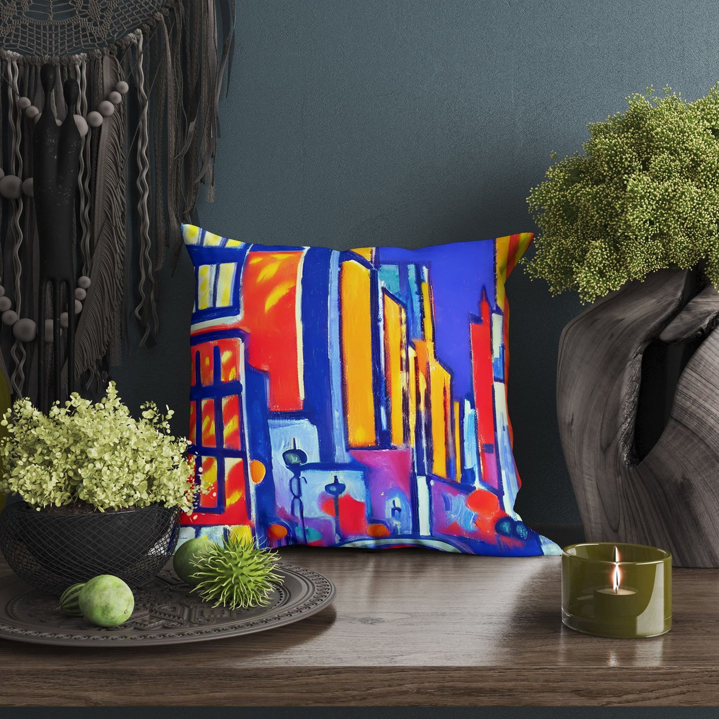 Chicago At Night, Toss Pillow, Cat Pillow, Artist Pillow, Colorful Pillow Case, Modern Pillow, 20X20 Pillow Cover, Home And Living
