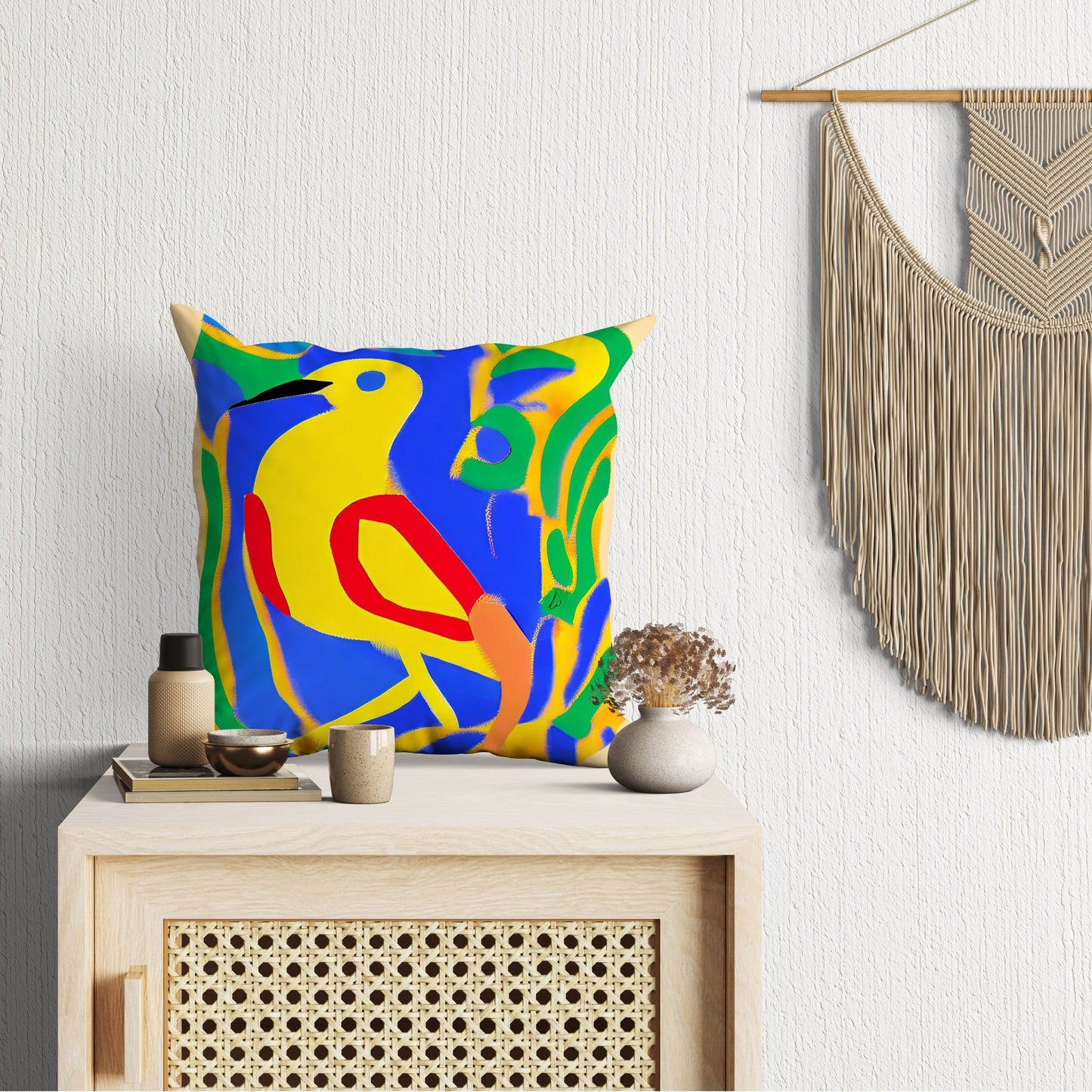 Yellow Bird, Toss Pillow, Abstract Art Pillow, Artist Pillow, Colorful Pillow Case, Modern Pillow, 24X24 Pillow Case, Housewarming Gift