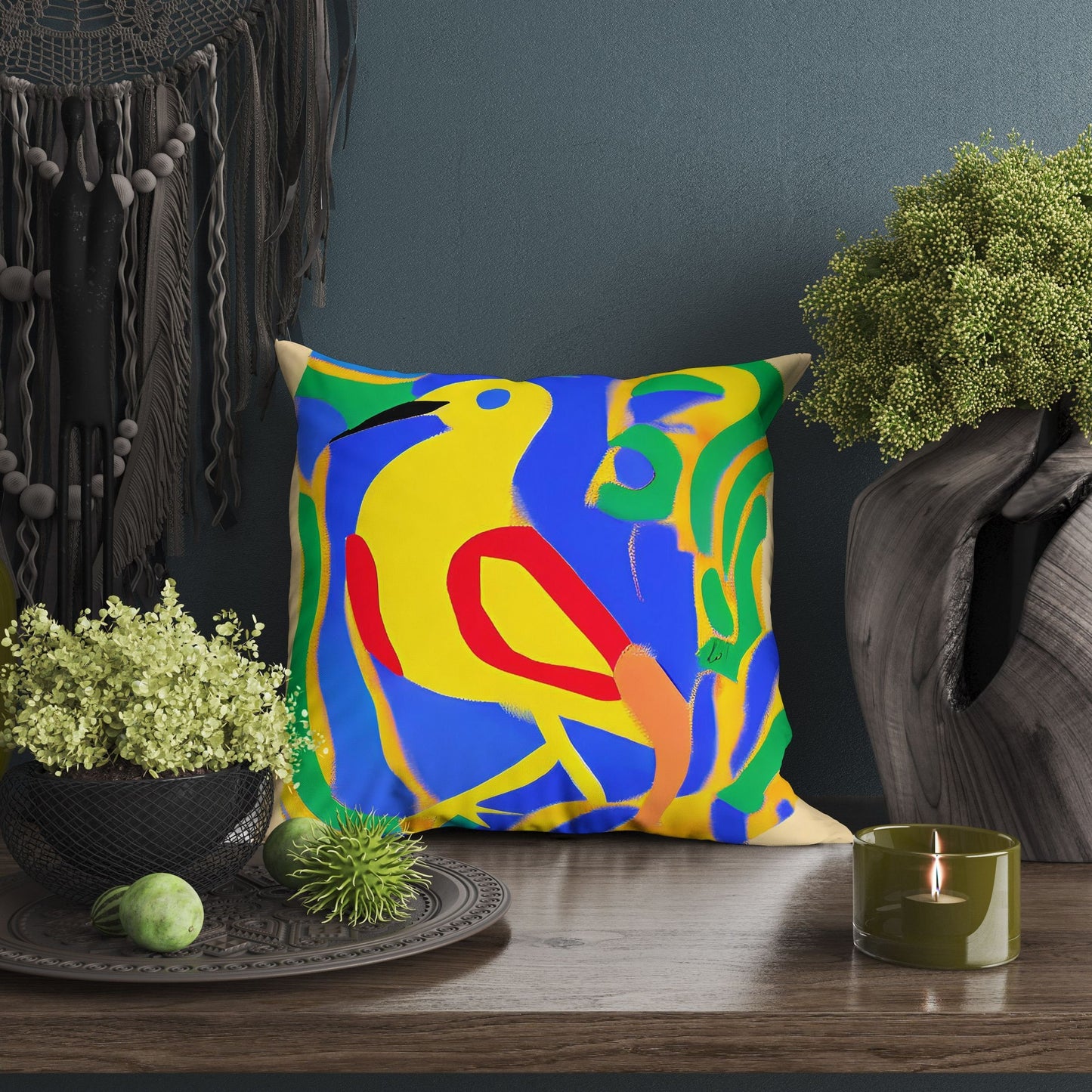 Yellow Bird, Toss Pillow, Abstract Art Pillow, Artist Pillow, Colorful Pillow Case, Modern Pillow, 24X24 Pillow Case, Housewarming Gift