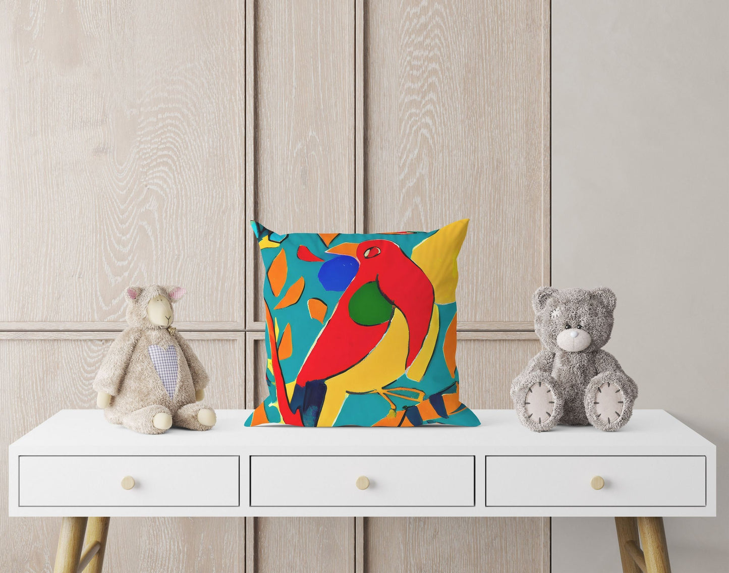 Red Bird Pillow Case, Abstract Pillow Case, Designer Pillow, Colorful Pillow Case, 24X24 Pillow Case, Playroom Decor, Abstract Decor