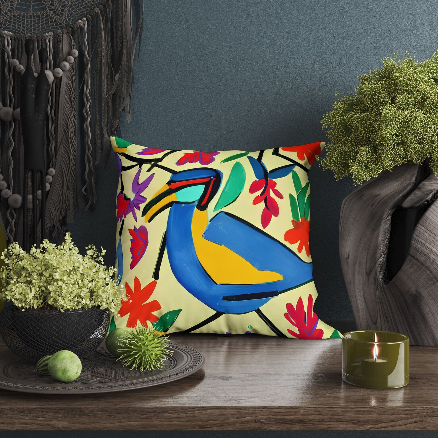 Blue Bird Toss Pillow, Abstract Pillow, Comfortable, Colorful Pillow Case, Impressionist Pillow, 20X20 Pillow Cover, Housewarming Gift