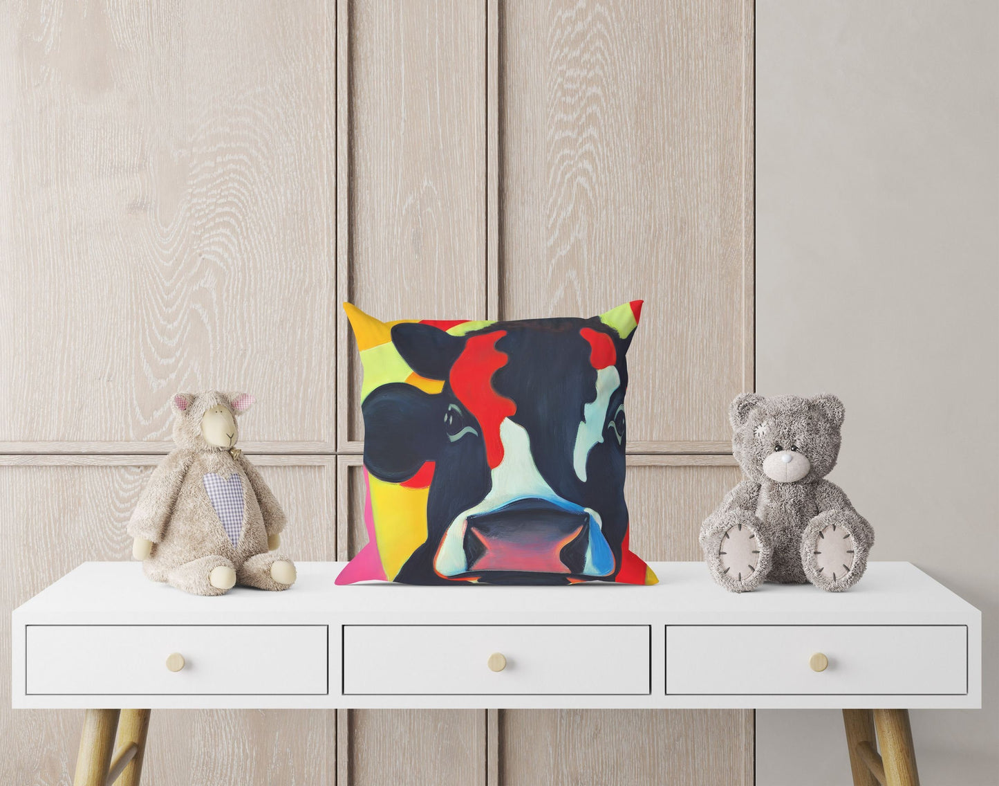 Modern Art Colorful Cow, Decorative Pillow, Abstract Pillow, Artist Pillow, Contemporary Pillow, 18 X 18 Pillow Covers, Farmhouse Pillow