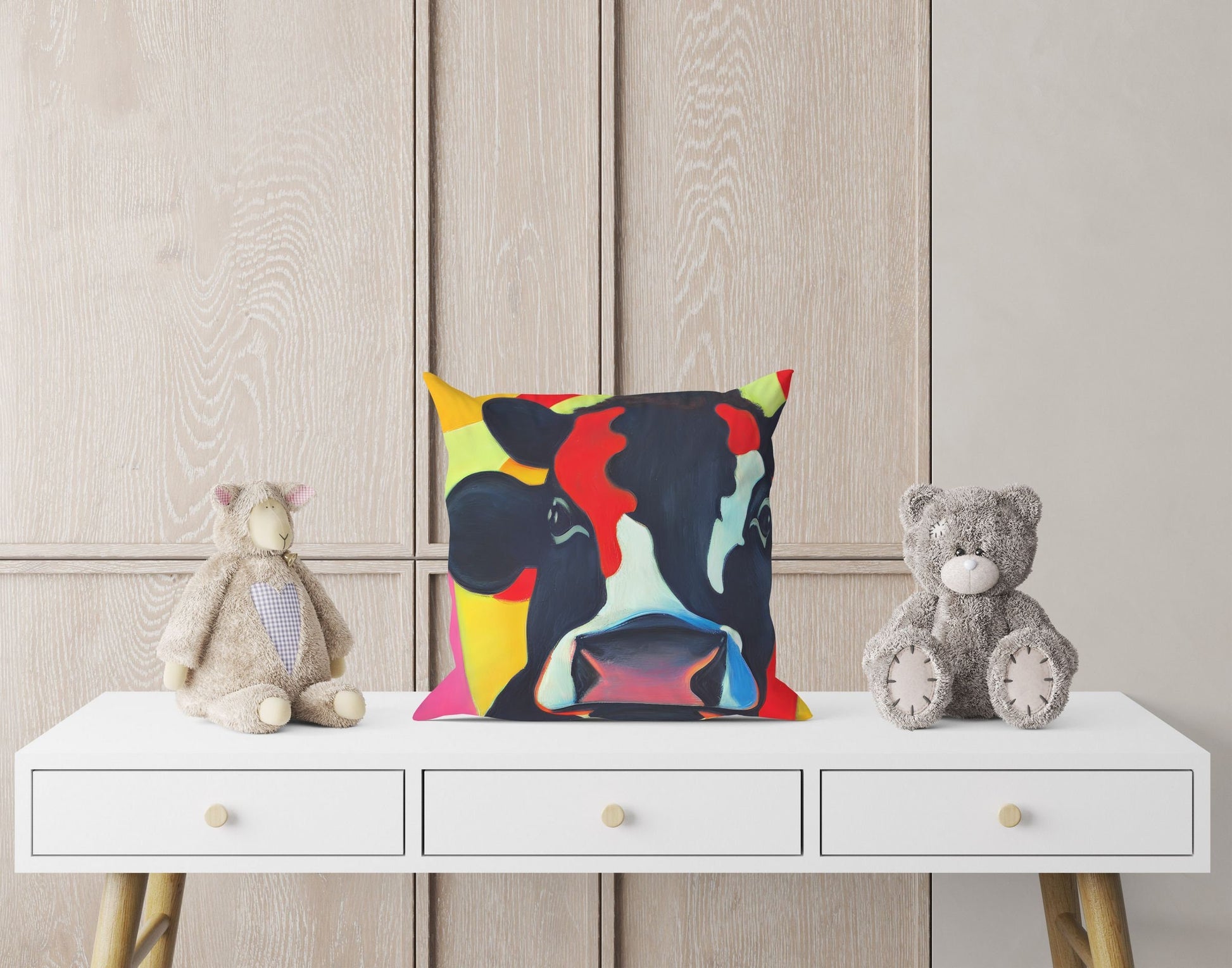 Modern Art Colorful Cow, Decorative Pillow, Abstract Pillow, Artist Pillow, Contemporary Pillow, 18 X 18 Pillow Covers, Farmhouse Pillow