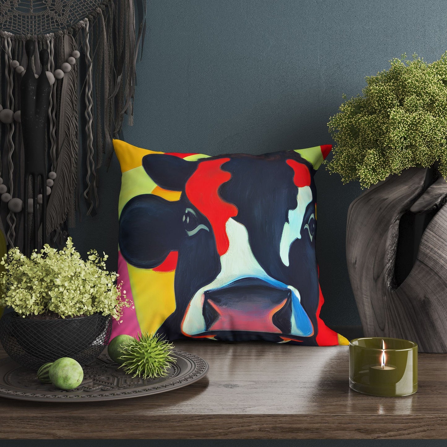 Modern Art Colorful Cow, Decorative Pillow, Abstract Pillow, Artist Pillow, Contemporary Pillow, 18 X 18 Pillow Covers, Farmhouse Pillow