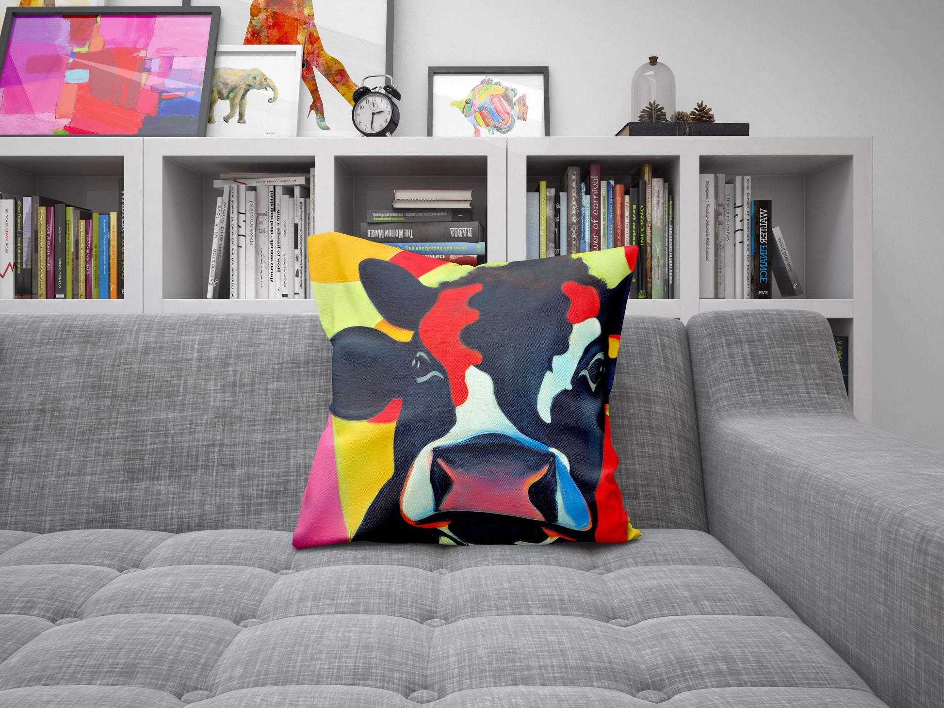 Modern Art Colorful Cow, Decorative Pillow, Abstract Pillow, Artist Pillow, Contemporary Pillow, 18 X 18 Pillow Covers, Farmhouse Pillow