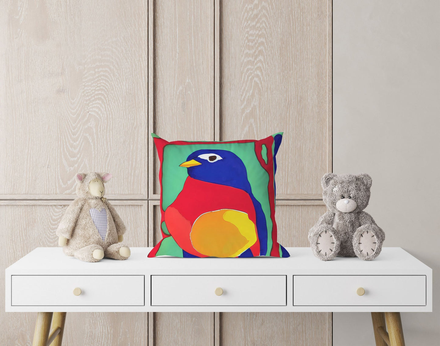 Red Bird Throw Pillow Cover, Abstract Throw Pillow, Artist Pillow, Colorful Pillow Case, Contemporary Pillow, Square Pillow