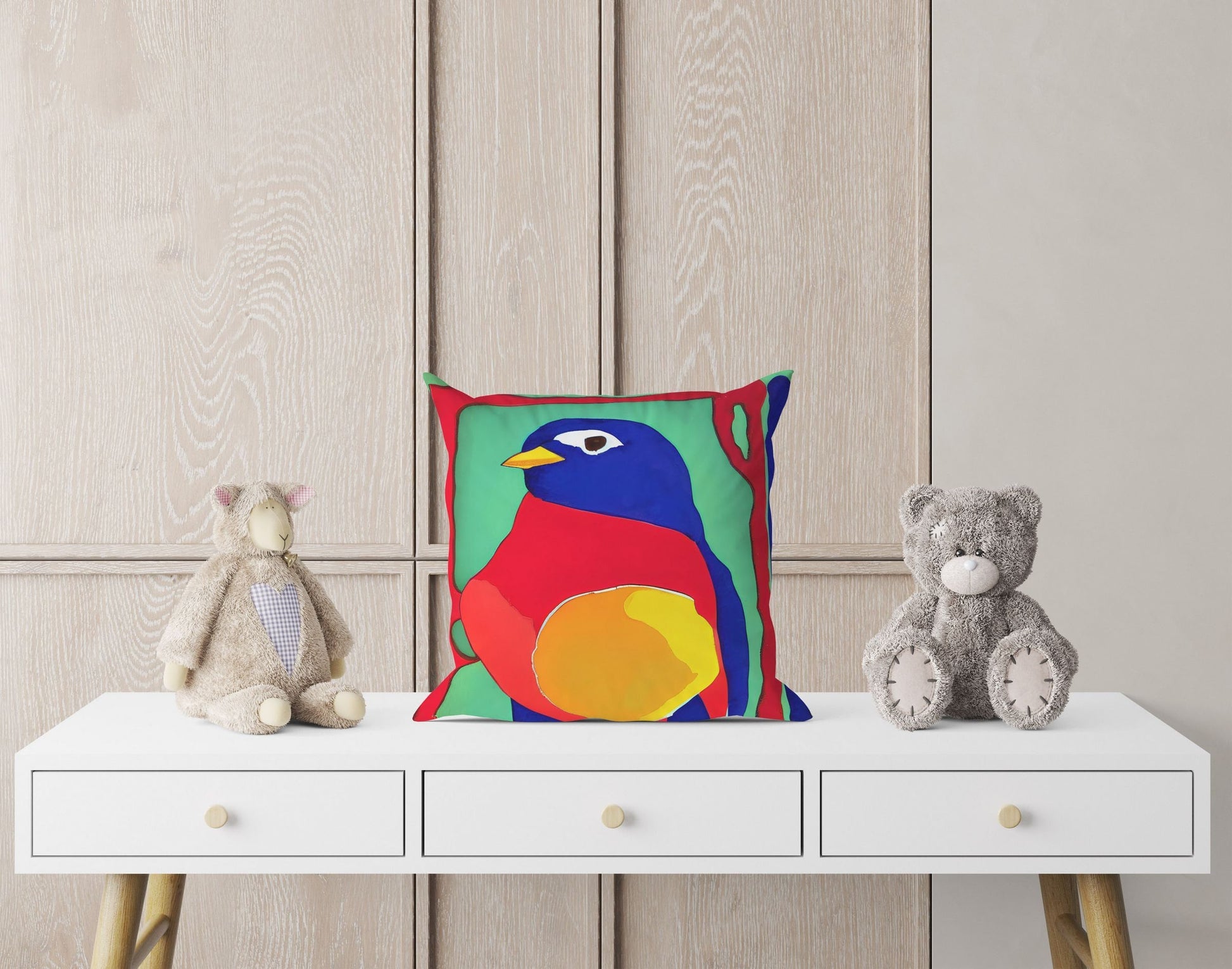 Red Bird Throw Pillow Cover, Abstract Throw Pillow, Artist Pillow, Colorful Pillow Case, Contemporary Pillow, Square Pillow